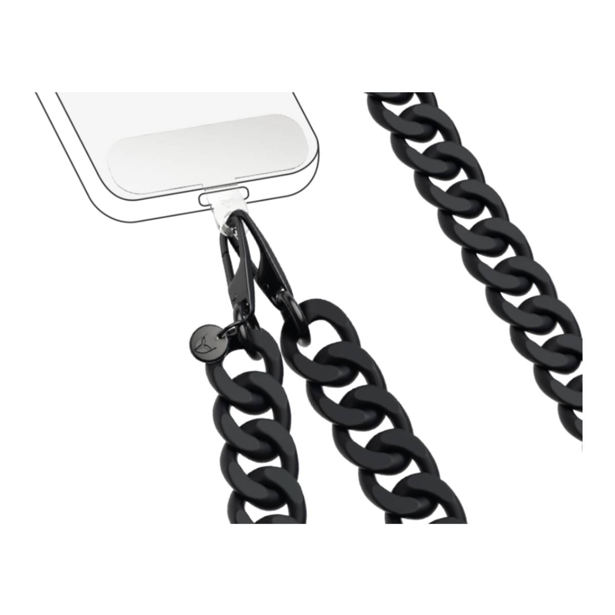 Telefono con catena nera. La catena è composta da maglie nere grandi. Il telefono è in una custodia trasparente.