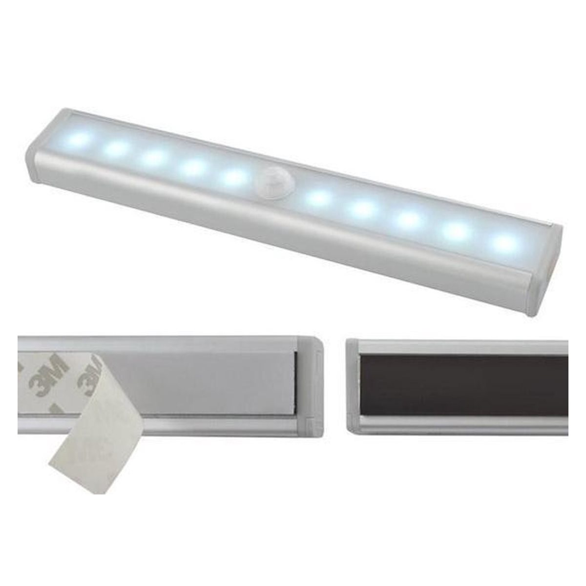 Une longue lumière LED rectangulaire avec un capteur de mouvement. Deux bandes adhésives sont à côté.