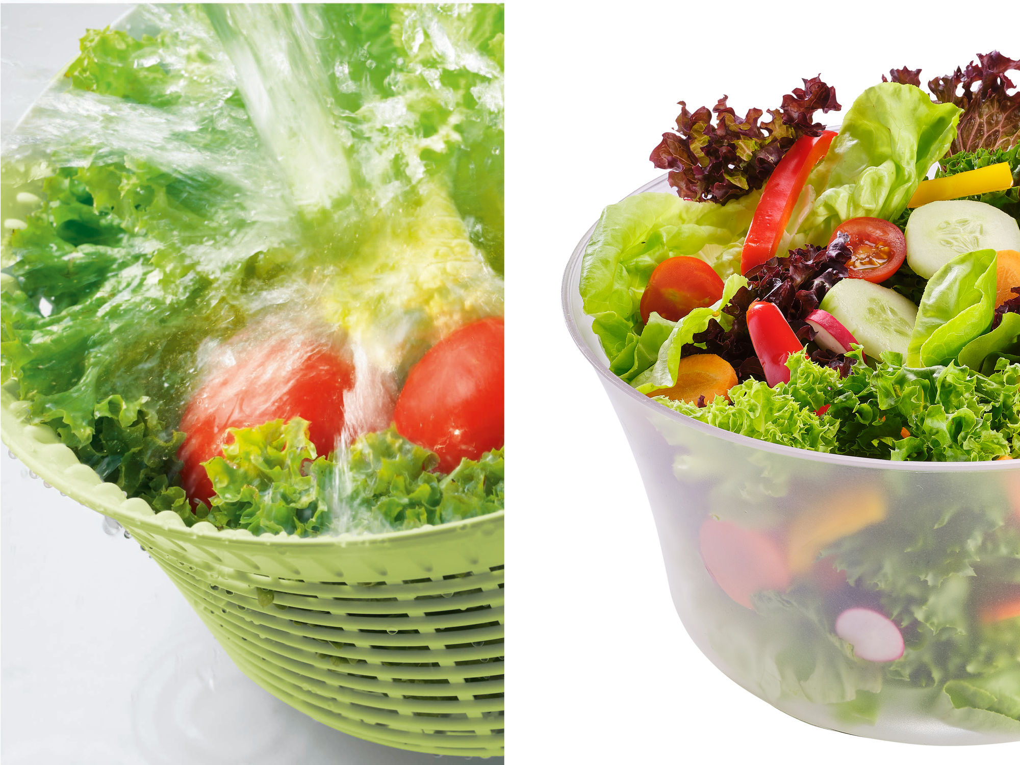 Salatzubereitung: Gemüse wird in einem Sieb und in einer Salatschüssel gewaschen.