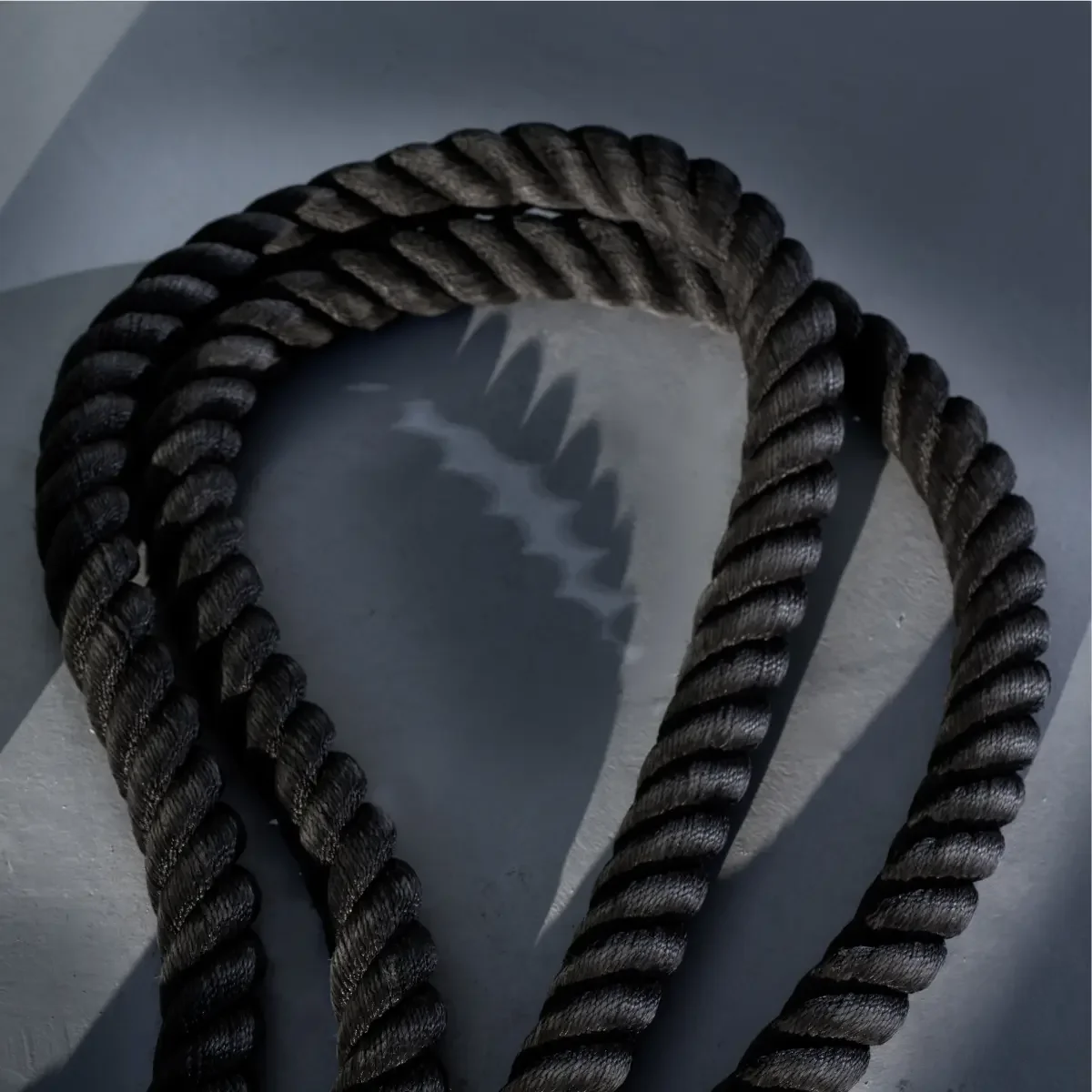 Black, coiled workout rope against a gray background, with shadow.