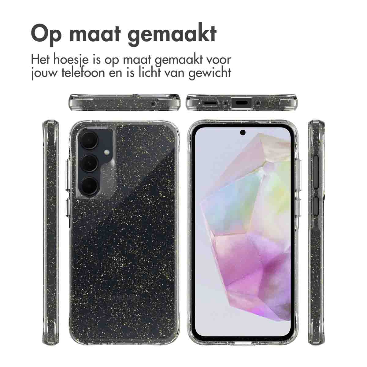Een zwart telefoonhoesje met gouden spikkels. De hoes wordt vanuit meerdere hoeken getoond, tekst bovenaan.