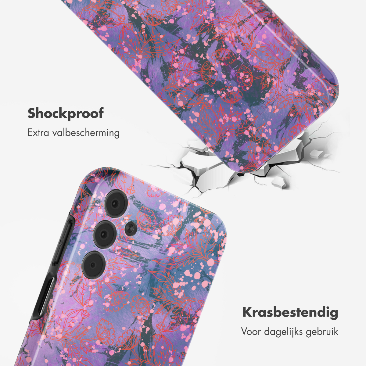 Coque de téléphone avec motif floral violet, avec texte sur la protection supplémentaire et la résistance aux rayures.