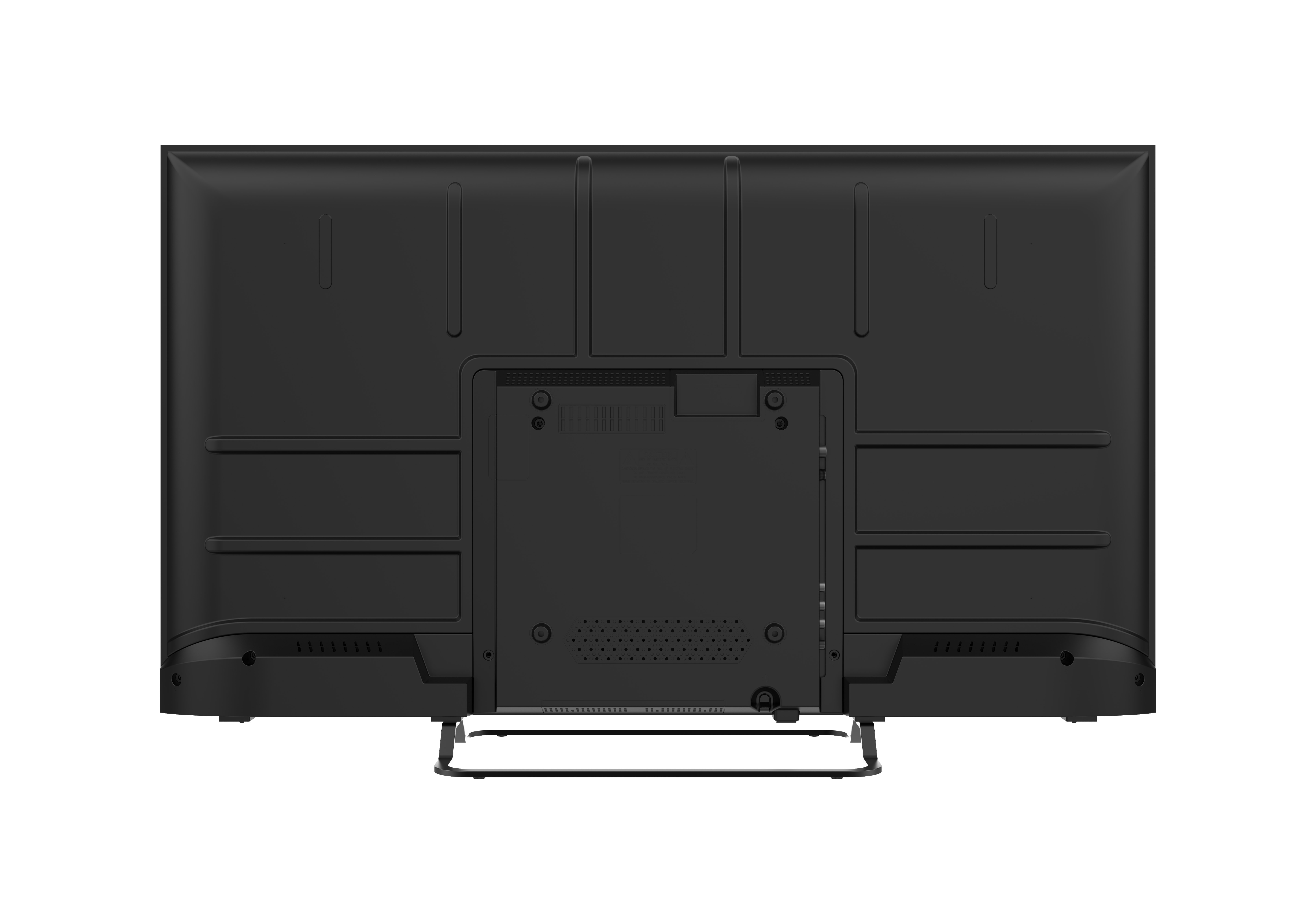 Tył czarnego telewizora z płaskim ekranem. Z tyłu znajduje się głośnik i różne porty wejściowe.