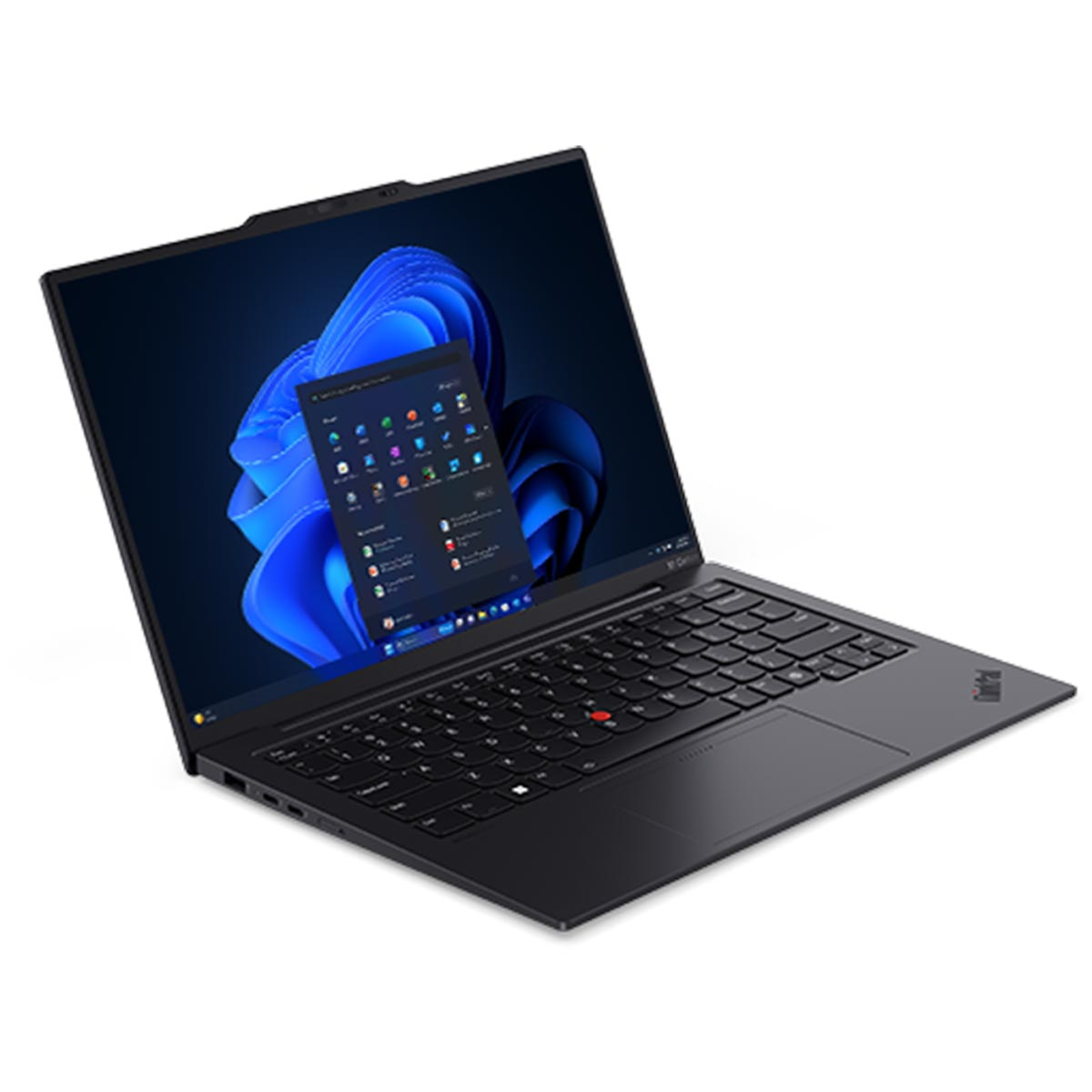 Czarny laptop z otwartym ekranem pokazującym interfejs z niebieskim tłem, białe tło.