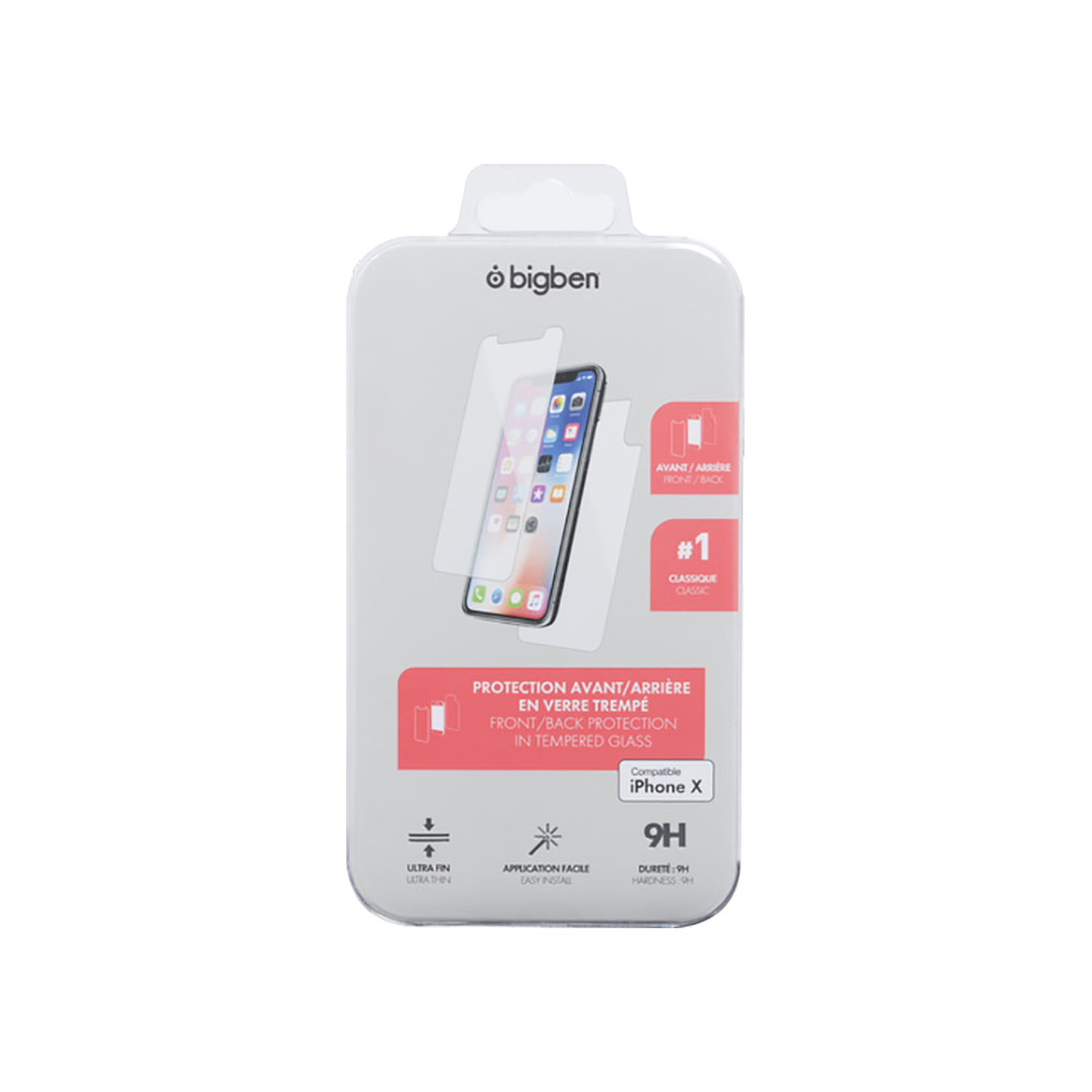 Una scatola di protezione schermo per iPhone bianca e grigia. La scatola mostra un telefono con protezione.
