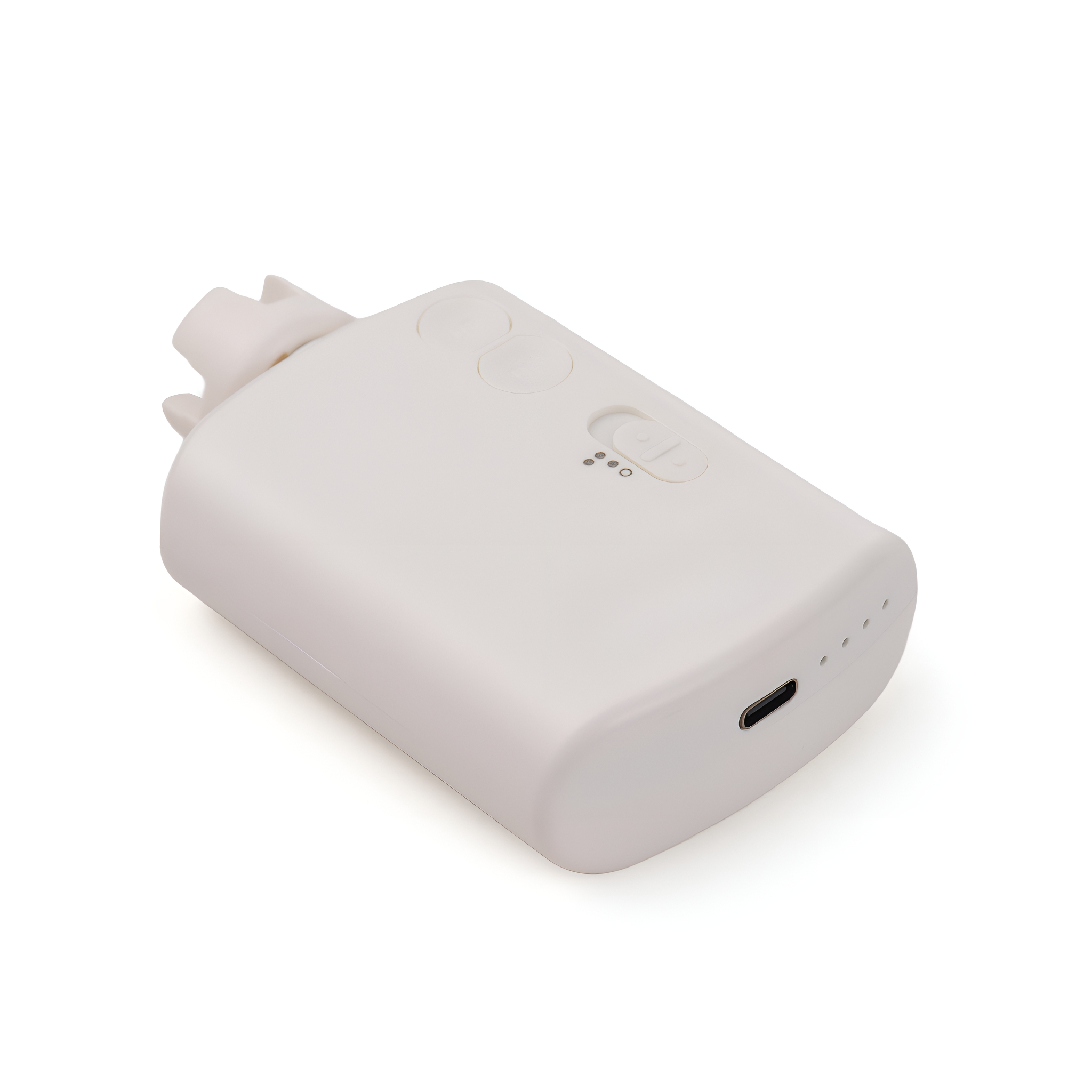Ein kleines, weißes, rechteckiges Gerät mit Knöpfen und einem USB-Anschluss.