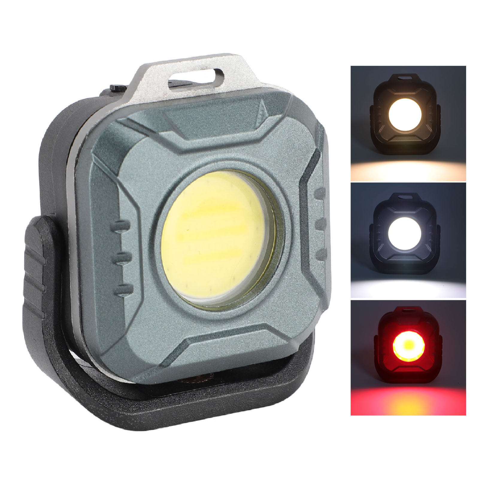 Quadratischer LED-Arbeitsscheinwerfer mit drei Farbeinstellungen, montiert auf schwarzer Basis.