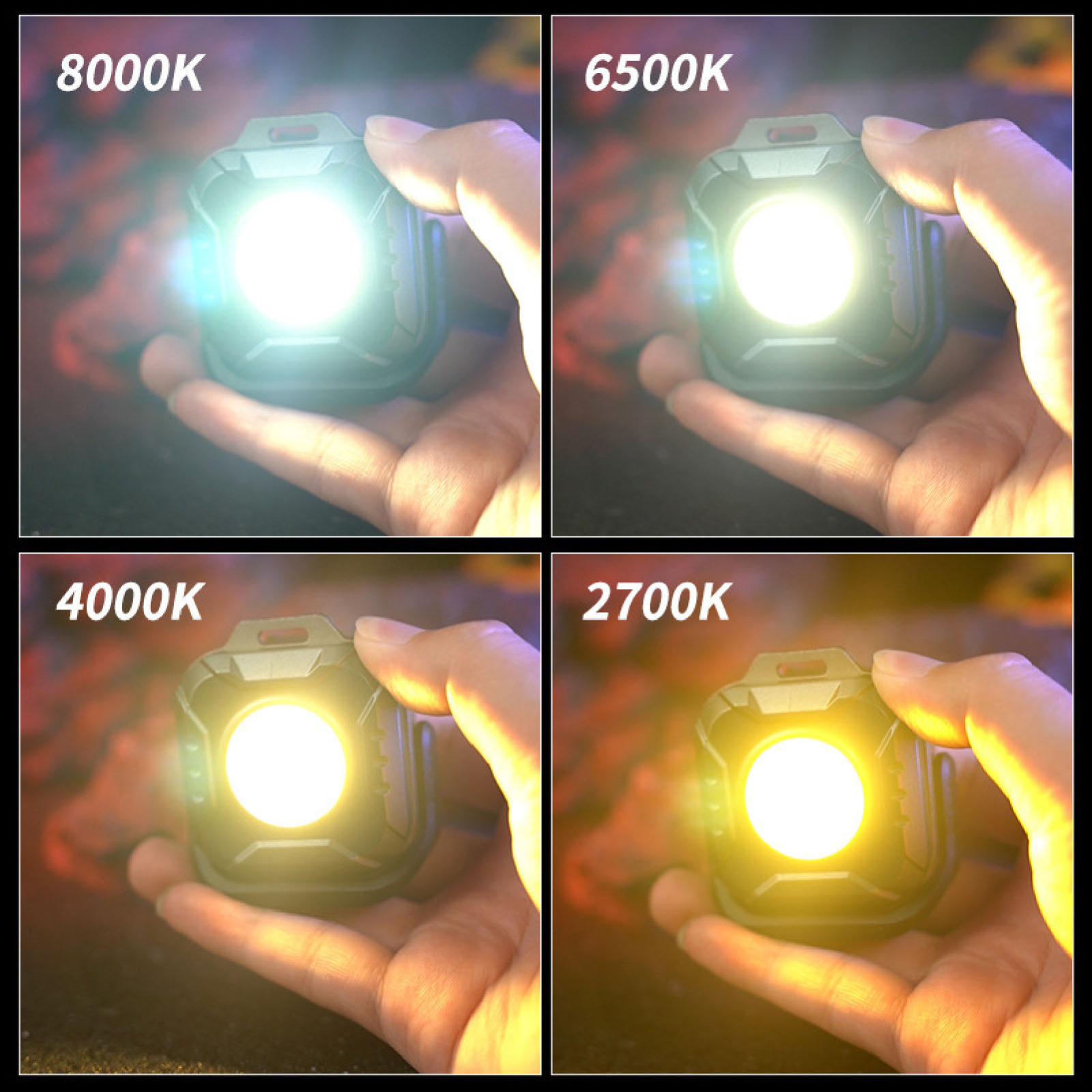 Vier Bilder zeigen Farbtemperaturen einer Taschenlampe: 8000K, 6500K, 4000K, 2700K.