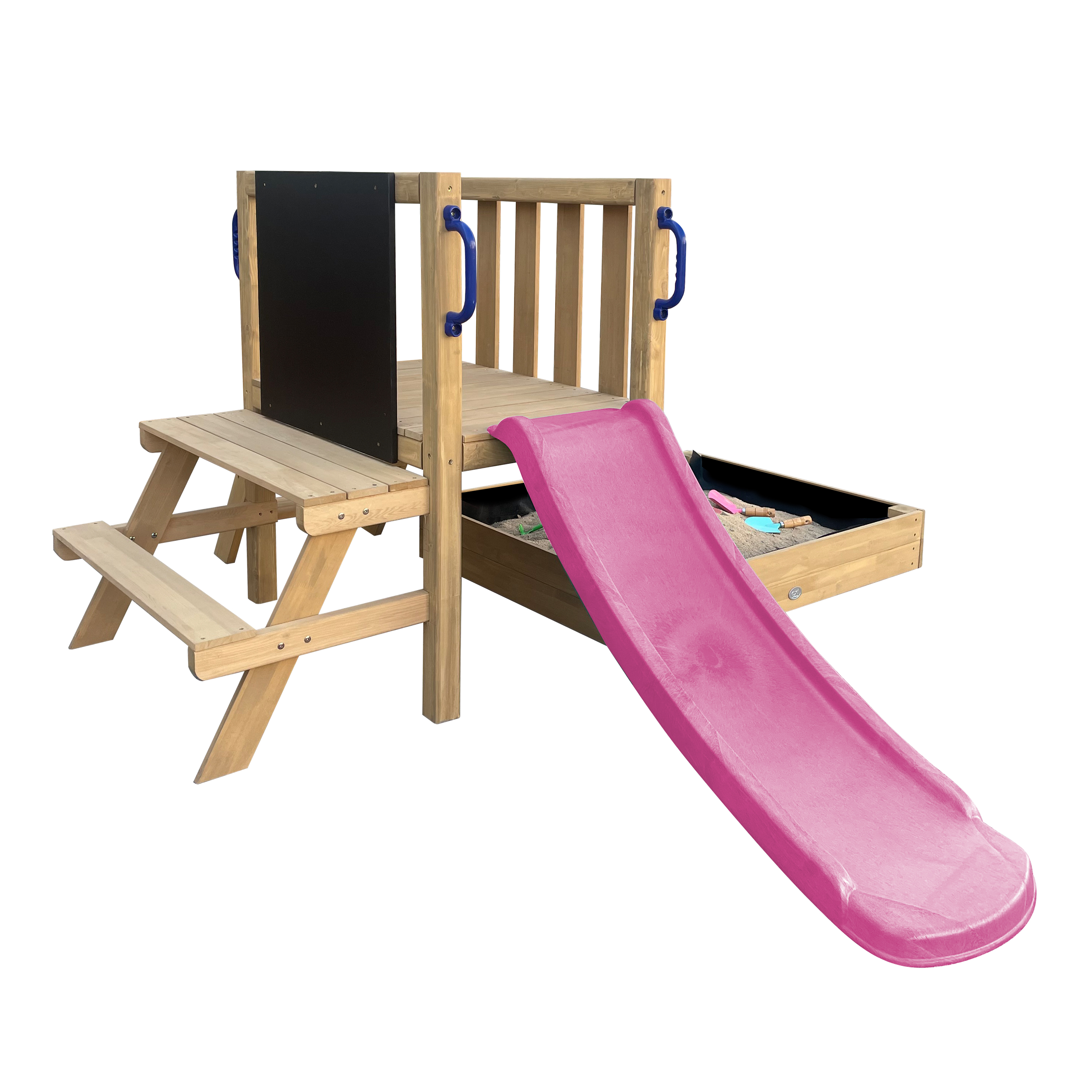 Spielplatz aus Holz mit rosa Rutsche, Sandkasten, Picknicktisch und blauen Griffen auf weißem Hintergrund.