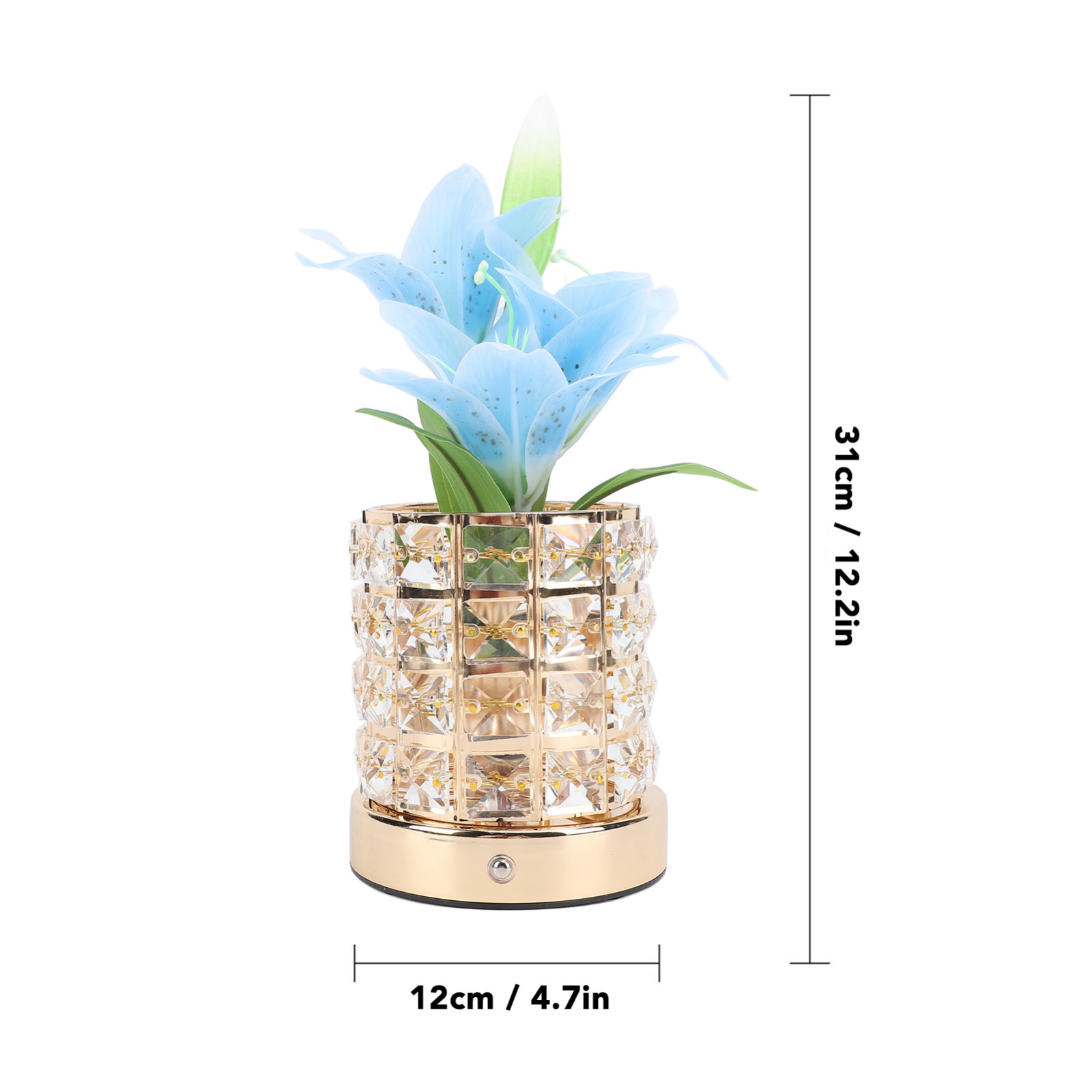 Goldene und kristallene Vase mit blauen Blumen, mit Maßen.