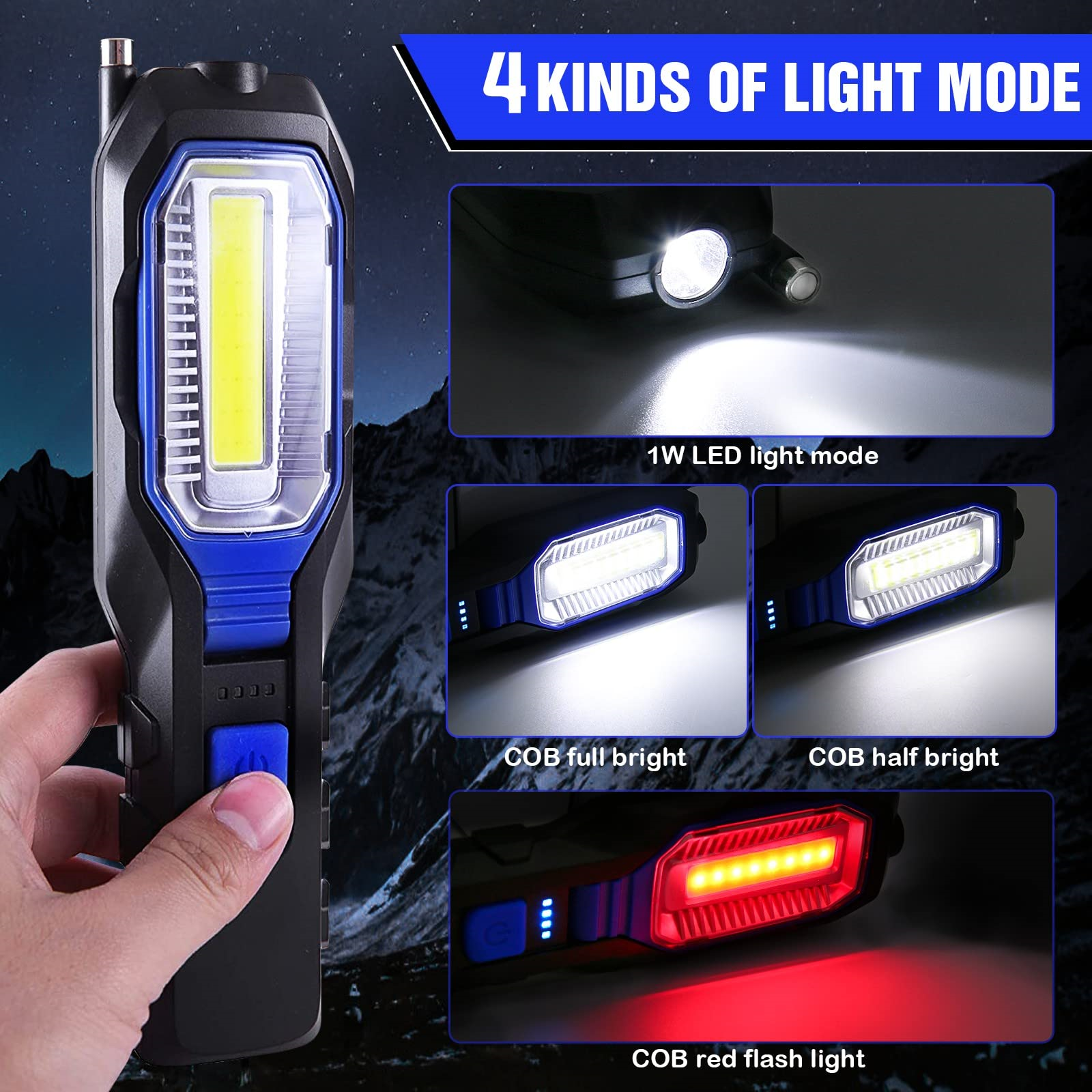 Eine schwarz-blaue Taschenlampe mit verschiedenen Lichtmodi.