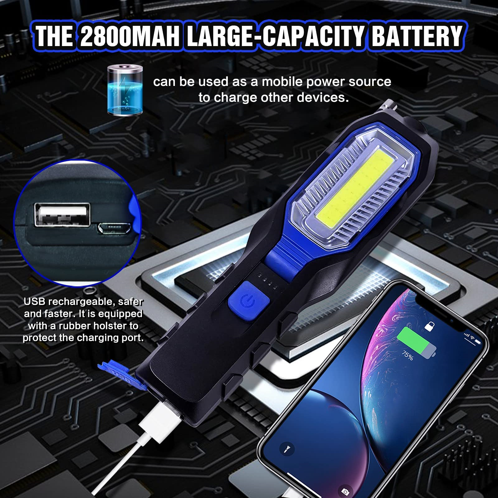 Eine schwarz-blaue Taschenlampe, mit einem iPhone, das geladen wird.