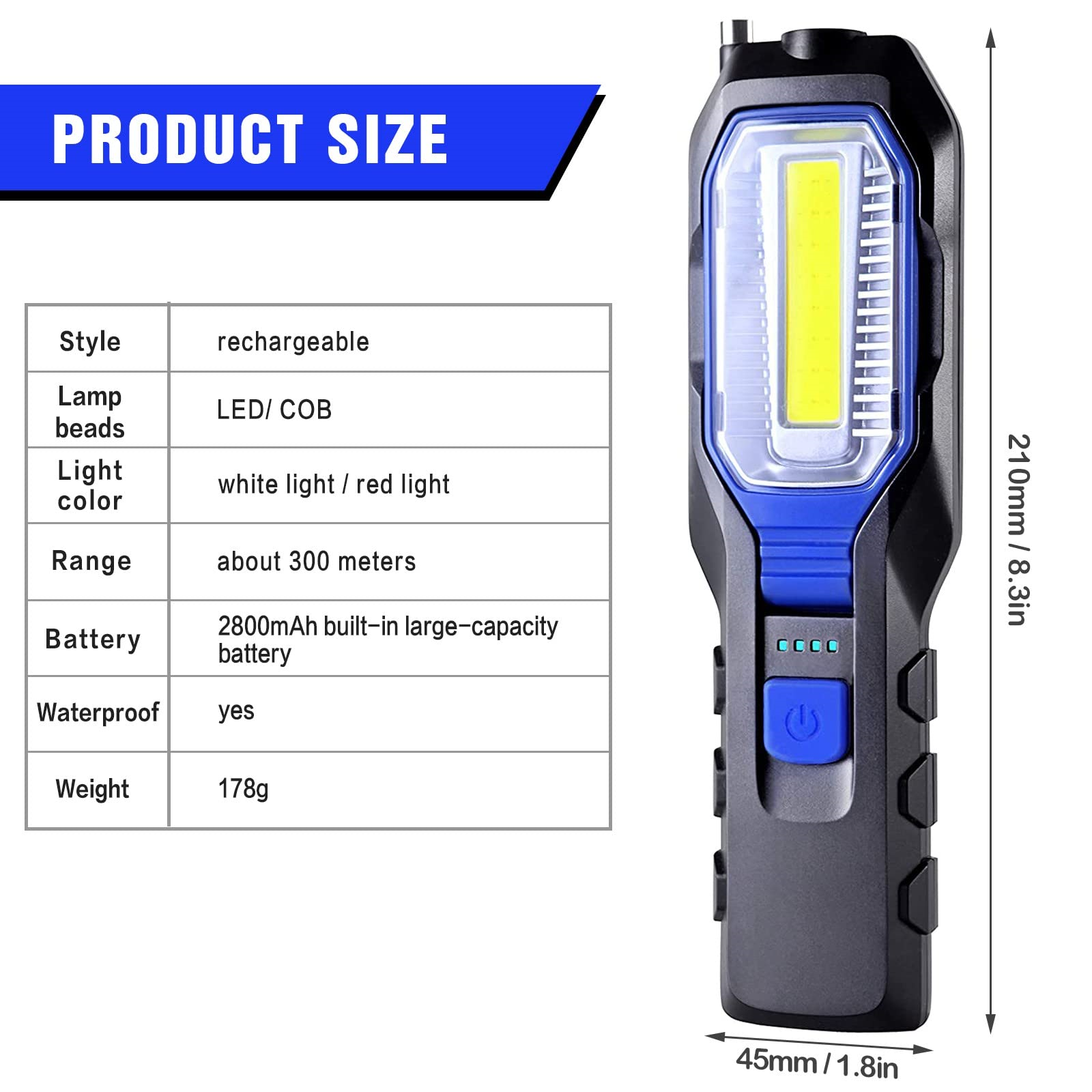 Schwarz-blaue Taschenlampe mit der Bezeichnung 'PRODUKTGRÖSSE'. Enthält eine Tabelle mit Spezifikationen. Weißes Licht und rotes Licht.