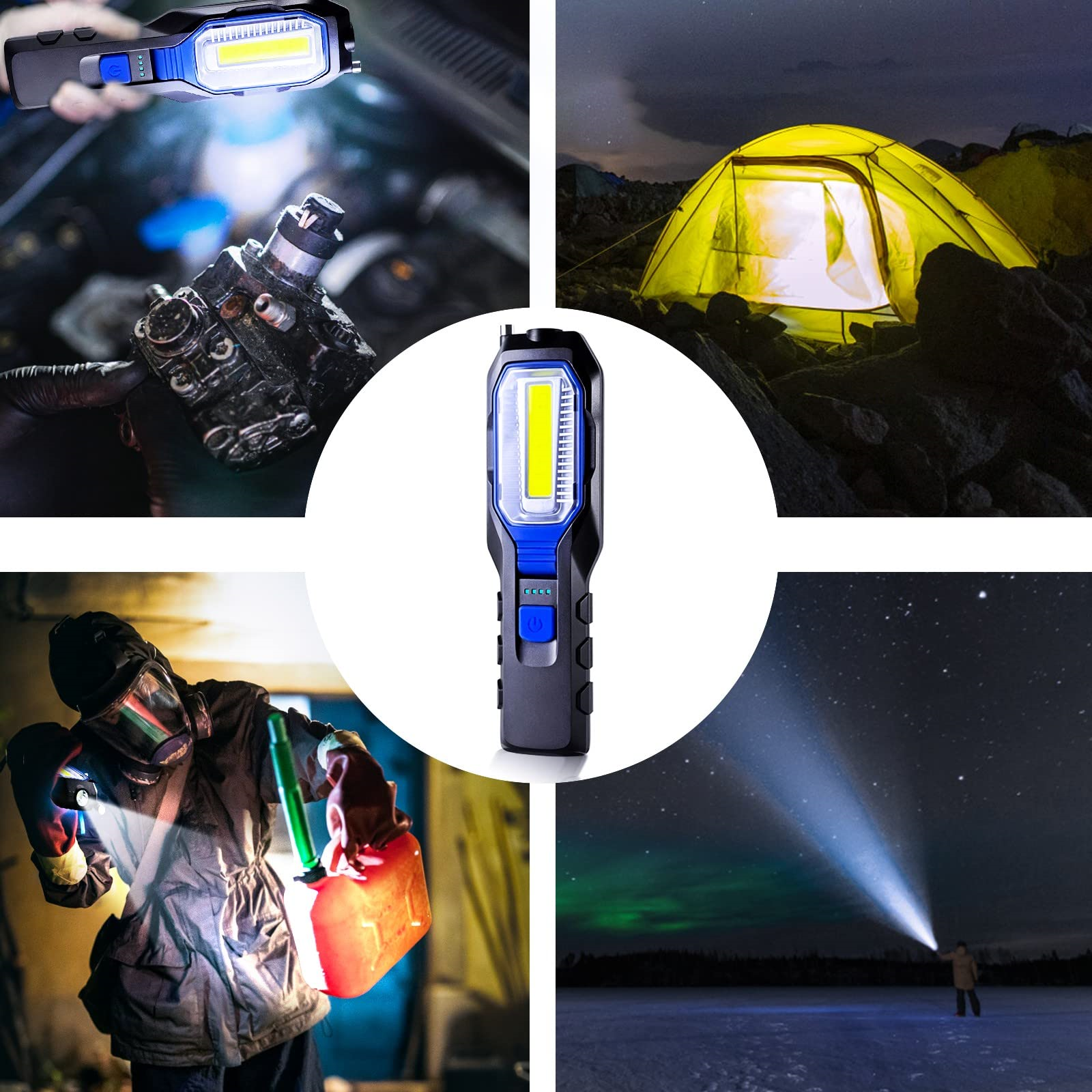 Eine Taschenlampe wird in verschiedenen Situationen gezeigt. Die Situationen umfassen Autoreparatur, Camping und mehr.