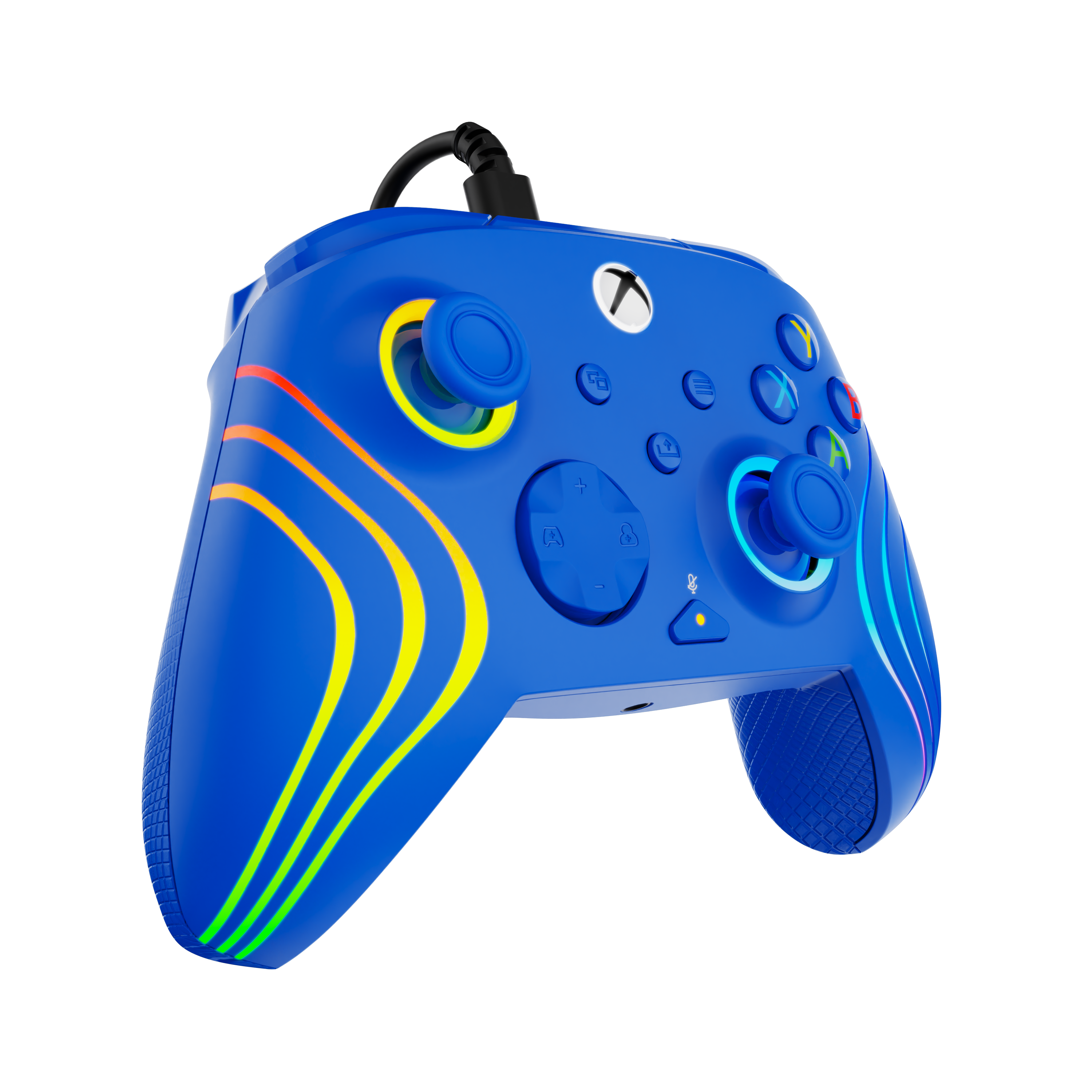 Niebieski kontroler Xbox z tęczowymi paskami i różnymi przyciskami.