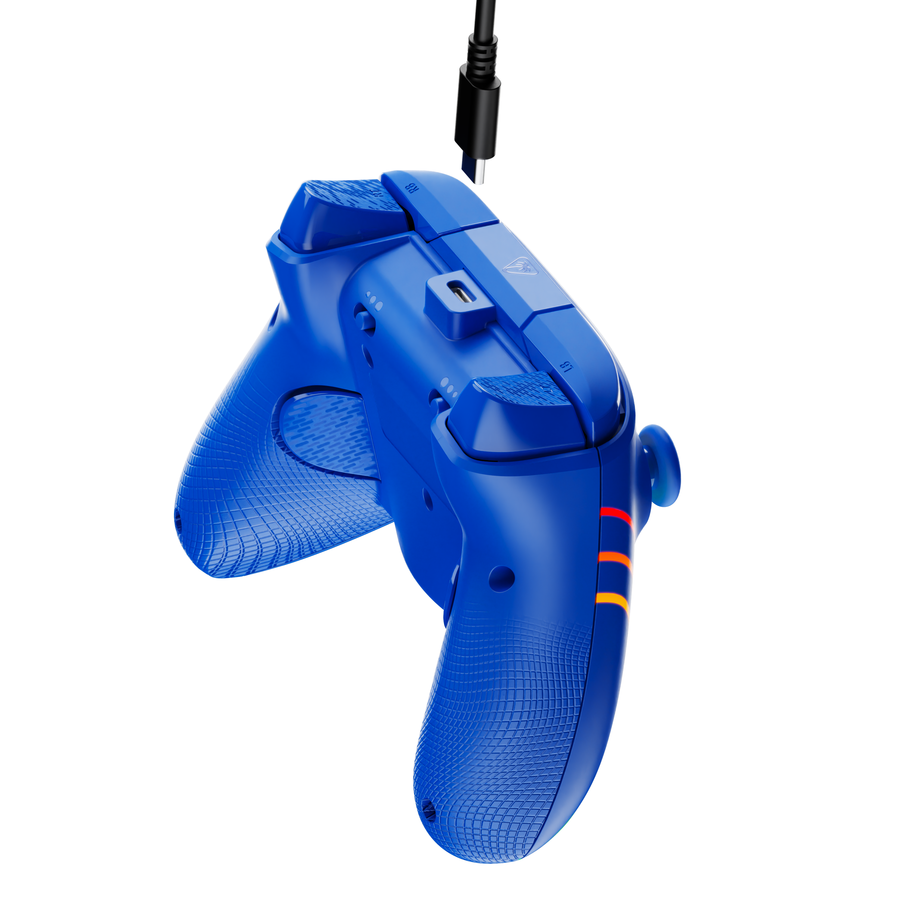 Niebieski kontroler do gier z podłączonym kablem. Posiada przyciski, spusty i port USB-C.