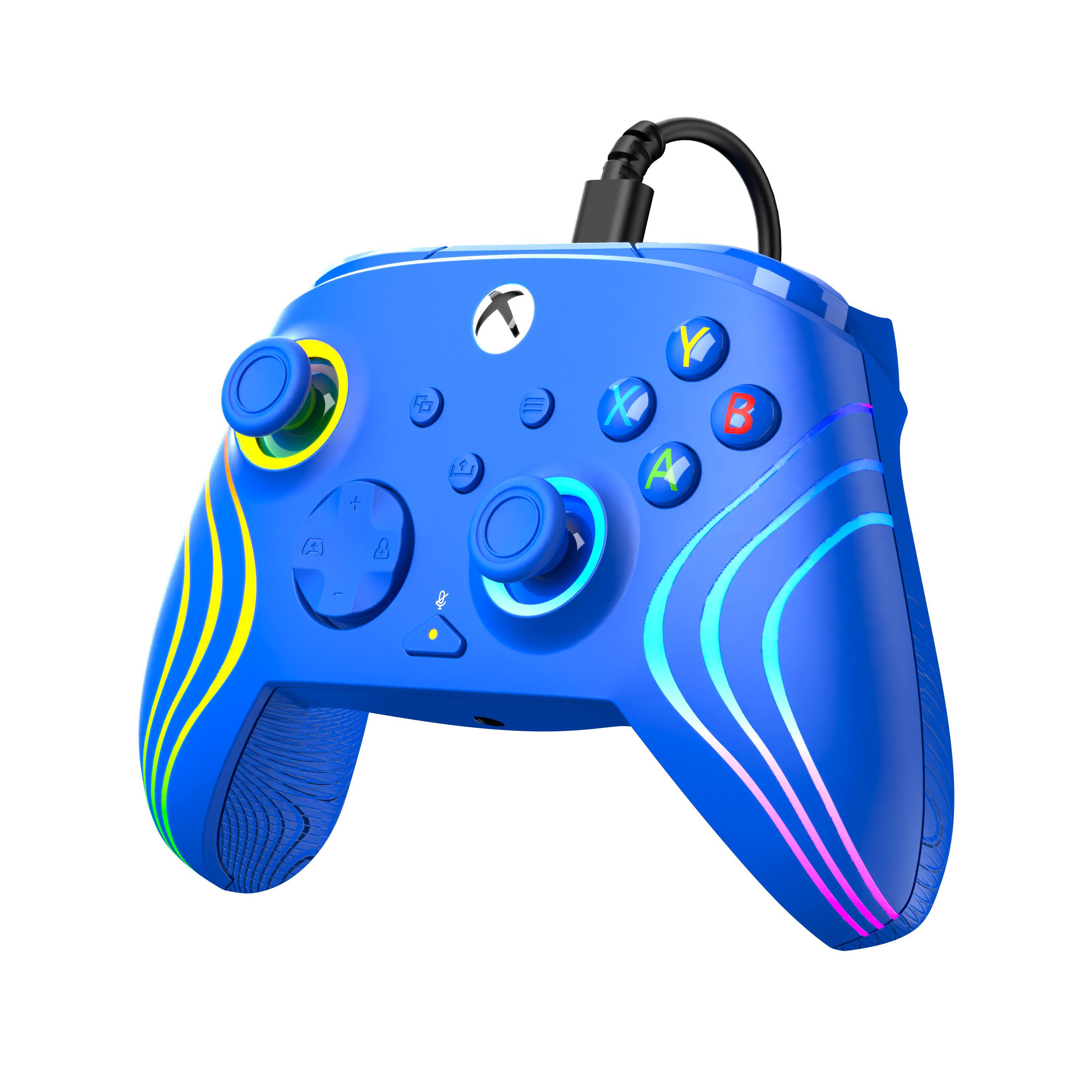 Niebieski kontroler Xbox z kolorowymi akcentami i czarnym tłem. Przyciski są widoczne.