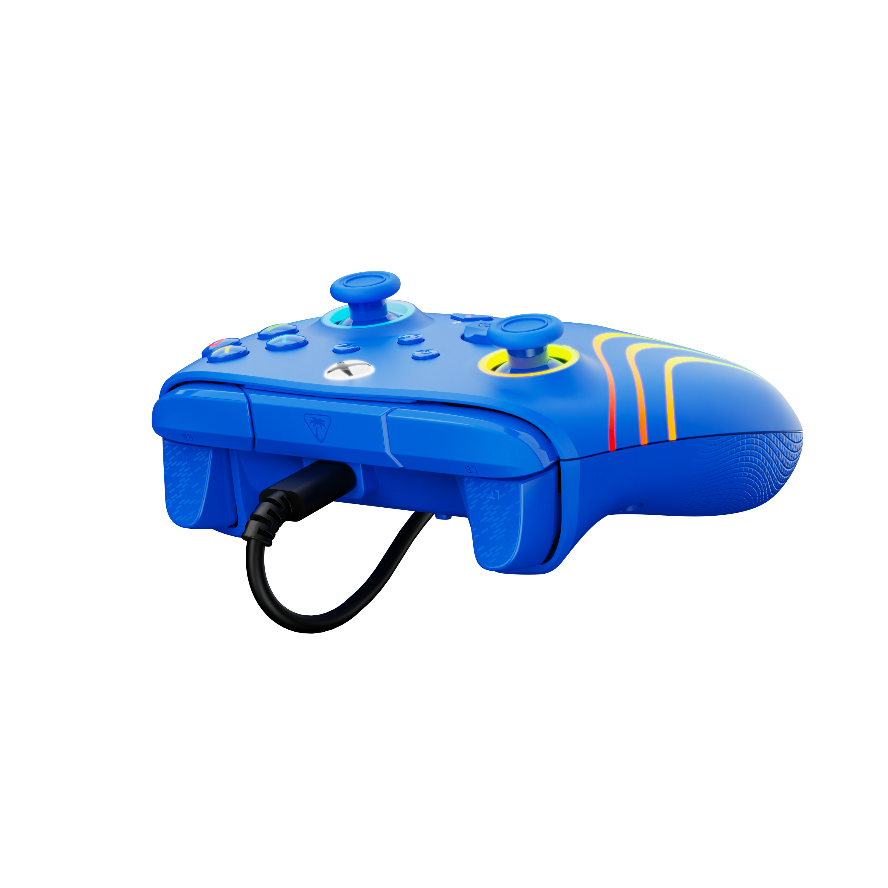 Niebieski kontroler do gier z czarnym kablem. Kontroler ma niebieskie przyciski i żółte akcenty na czarnym tle.