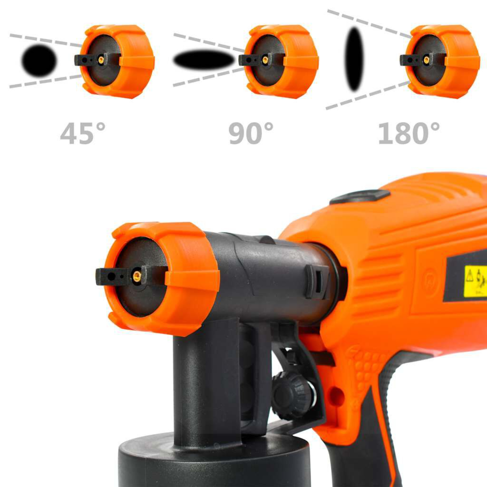 Eine orangefarbene Farbspritzpistole, die Spritzmuster bei 45, 90 und 180 Grad zeigt.