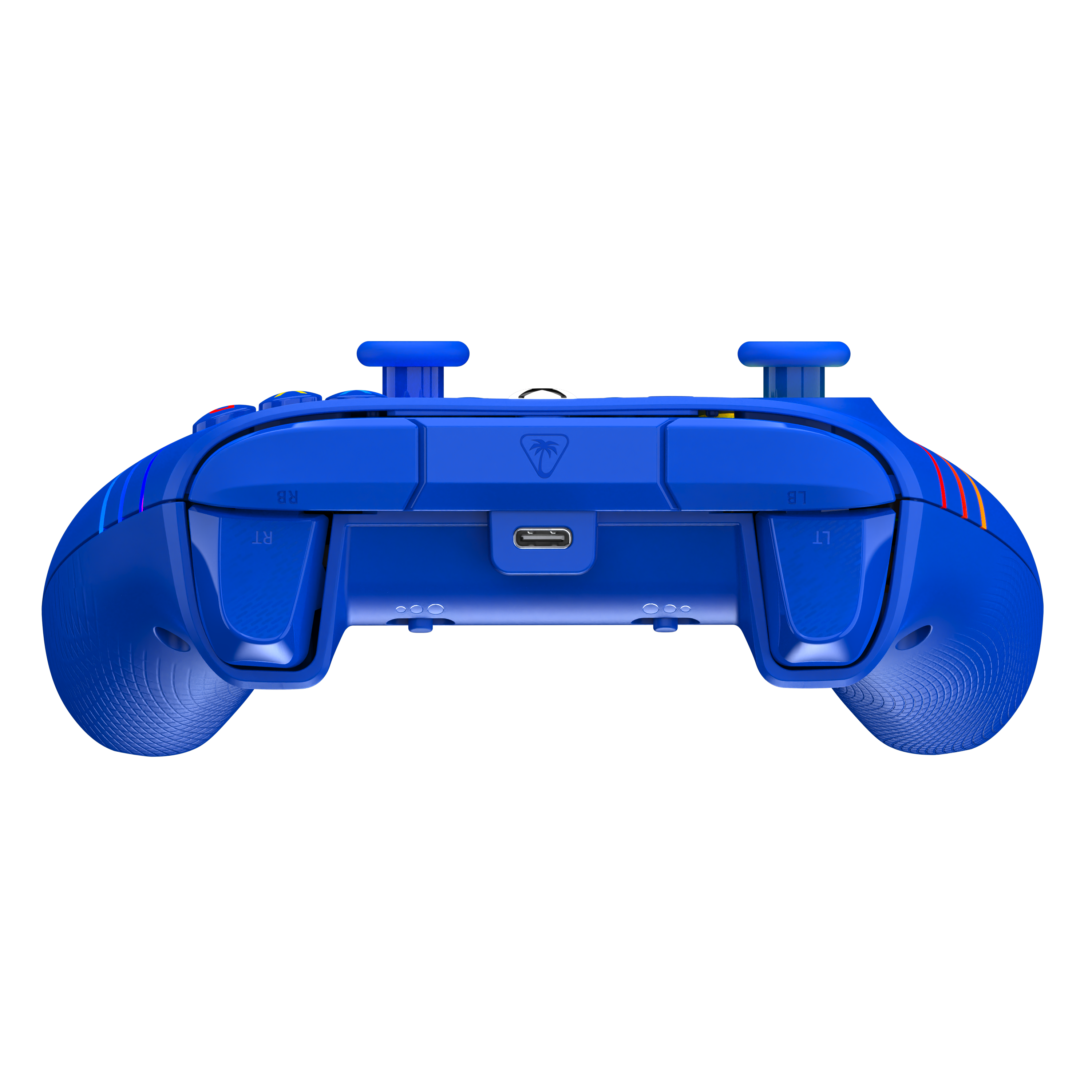 Niebieski kontroler do gier z przyciskami, portami i marką na czarnym tle. Widok z góry.
