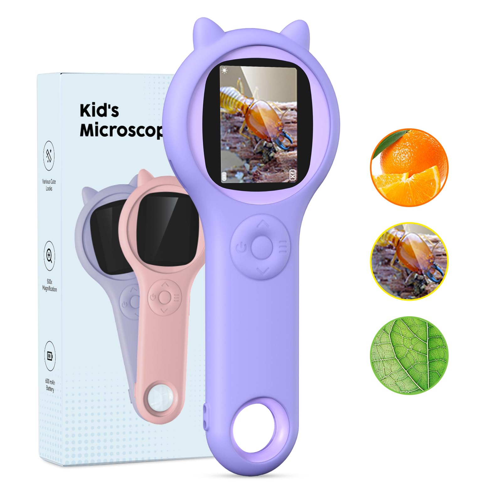 Kindermikroskop mit Bildschirm und Bildern von Käfer, Orange und Blatt. Zwei Mikroskope werden gezeigt.