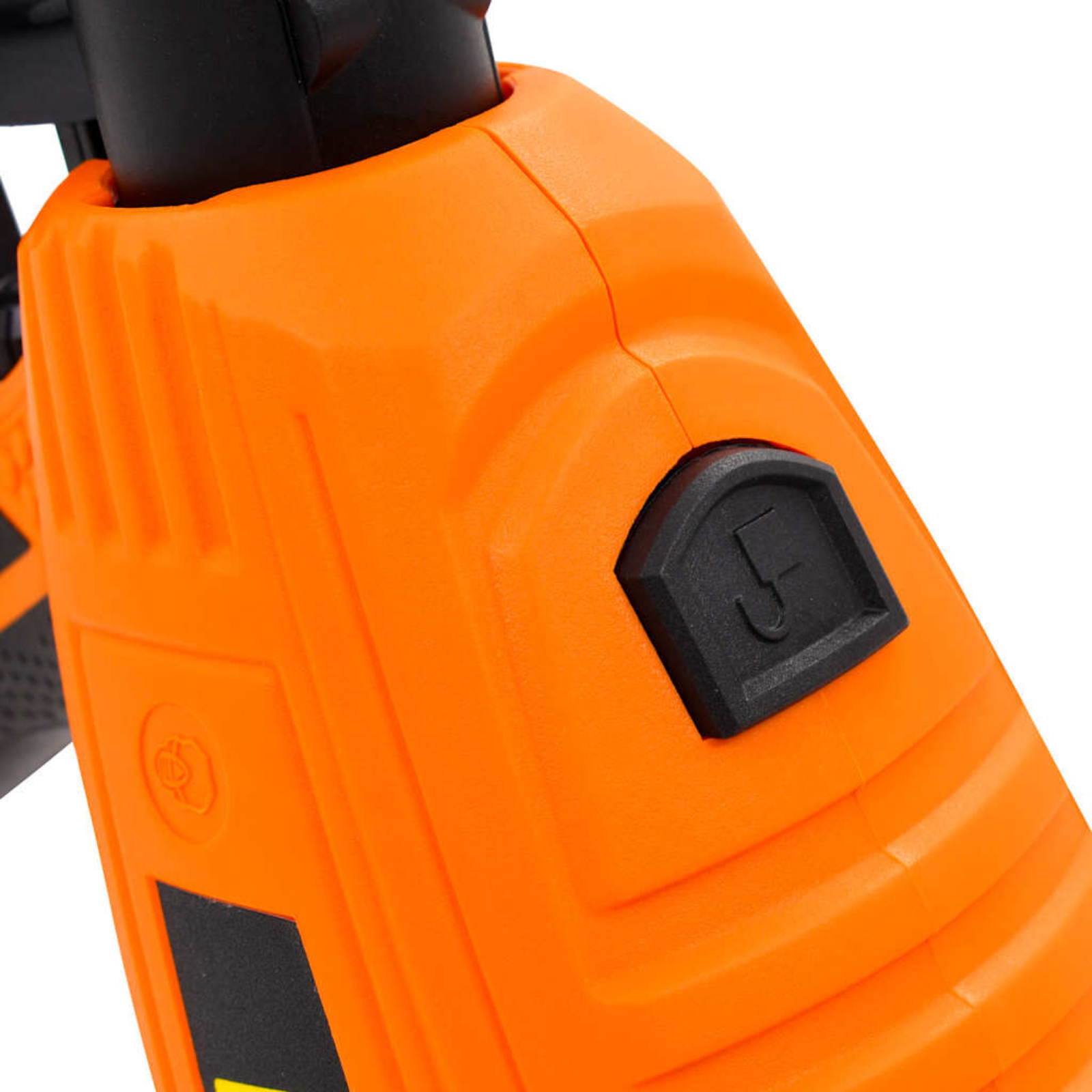 Nahaufnahme eines orangefarbenen Werkzeugs. Ein schwarzer Knopf mit der Nummer 5 ist sichtbar.