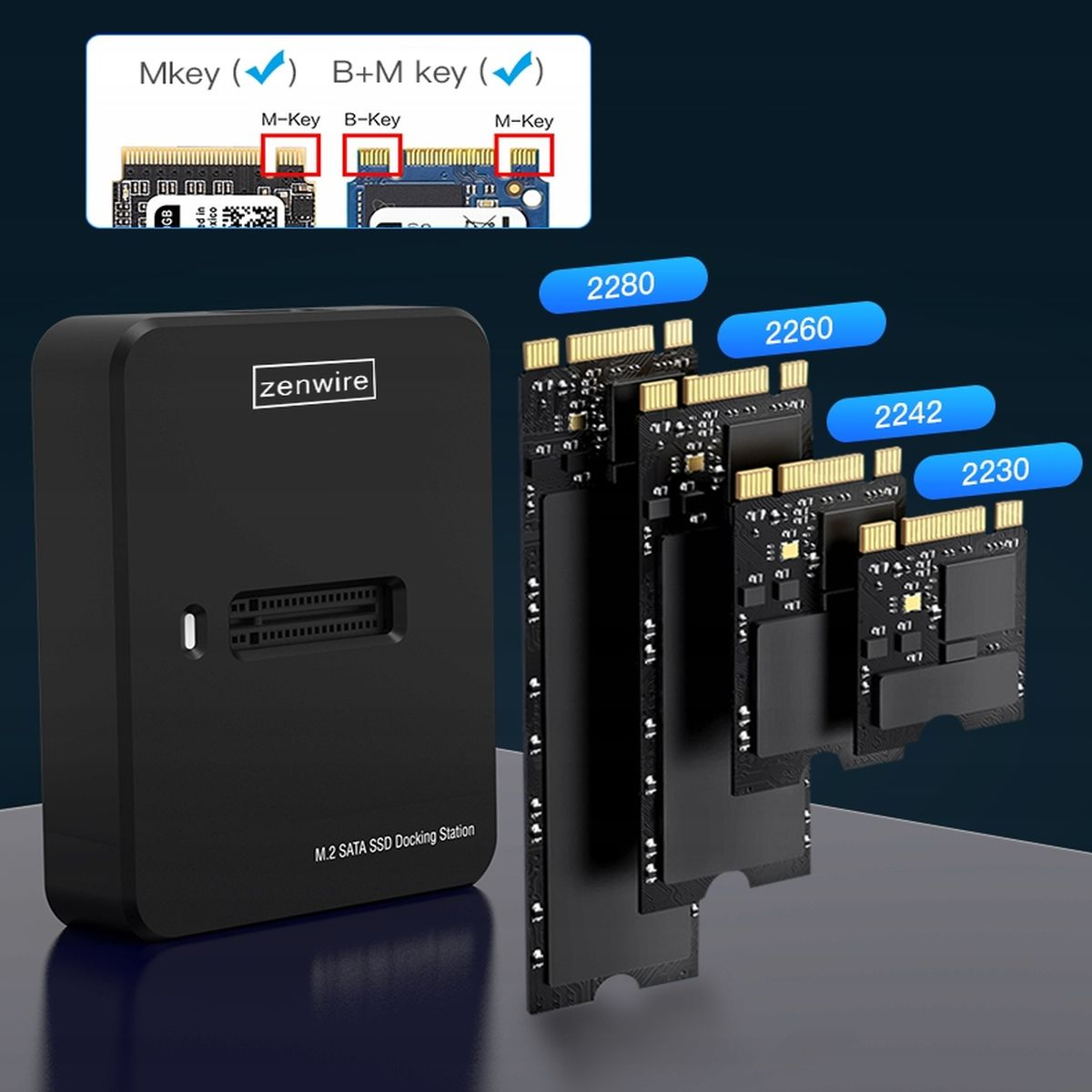 Stacja dokująca M.2 SATA SSD. Czarne pudełko z gniazdami. Dyski SSD i etykiety, w tym 2280 itp.