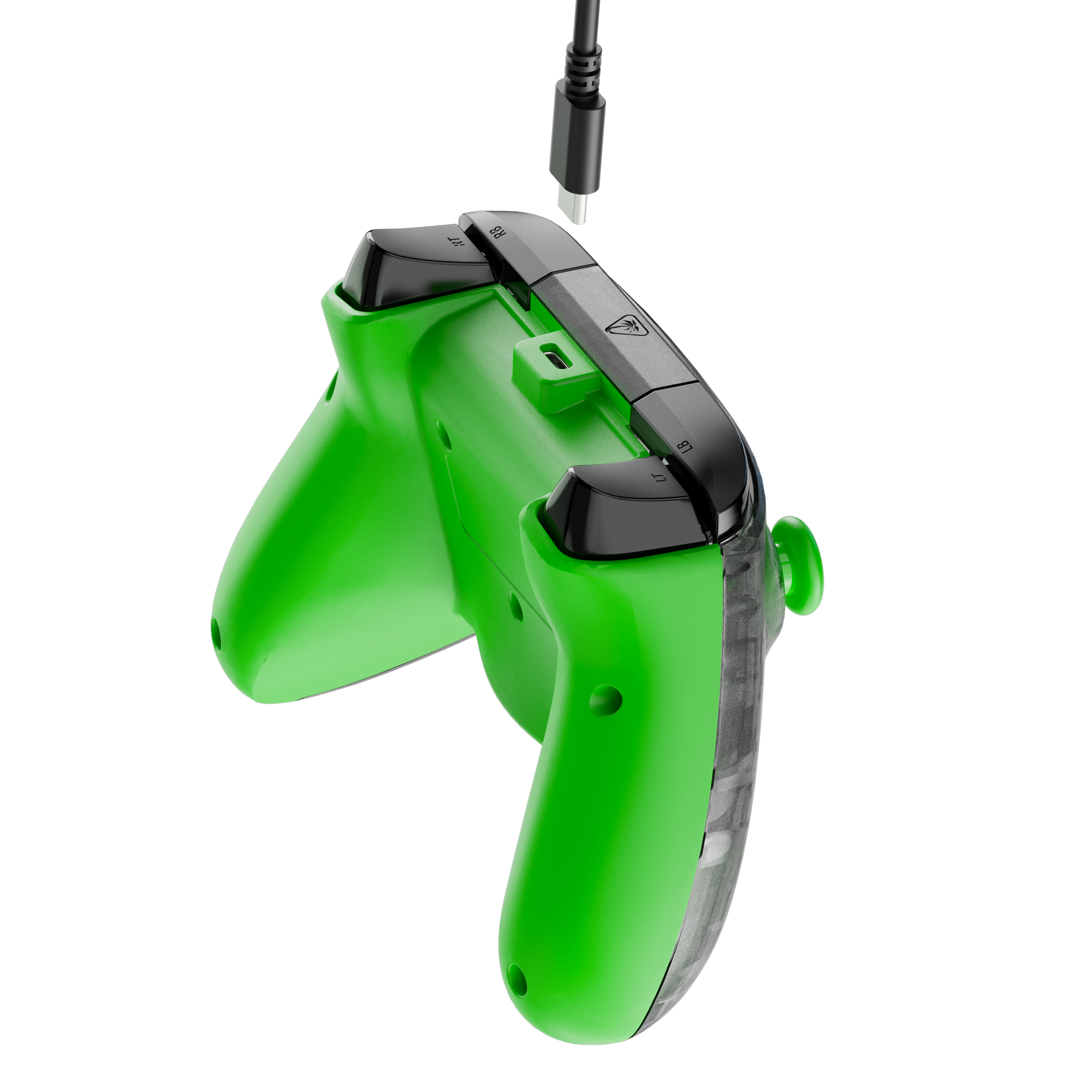 Zielony kontroler do gier z czarnymi akcentami, podłączony kabel USB.