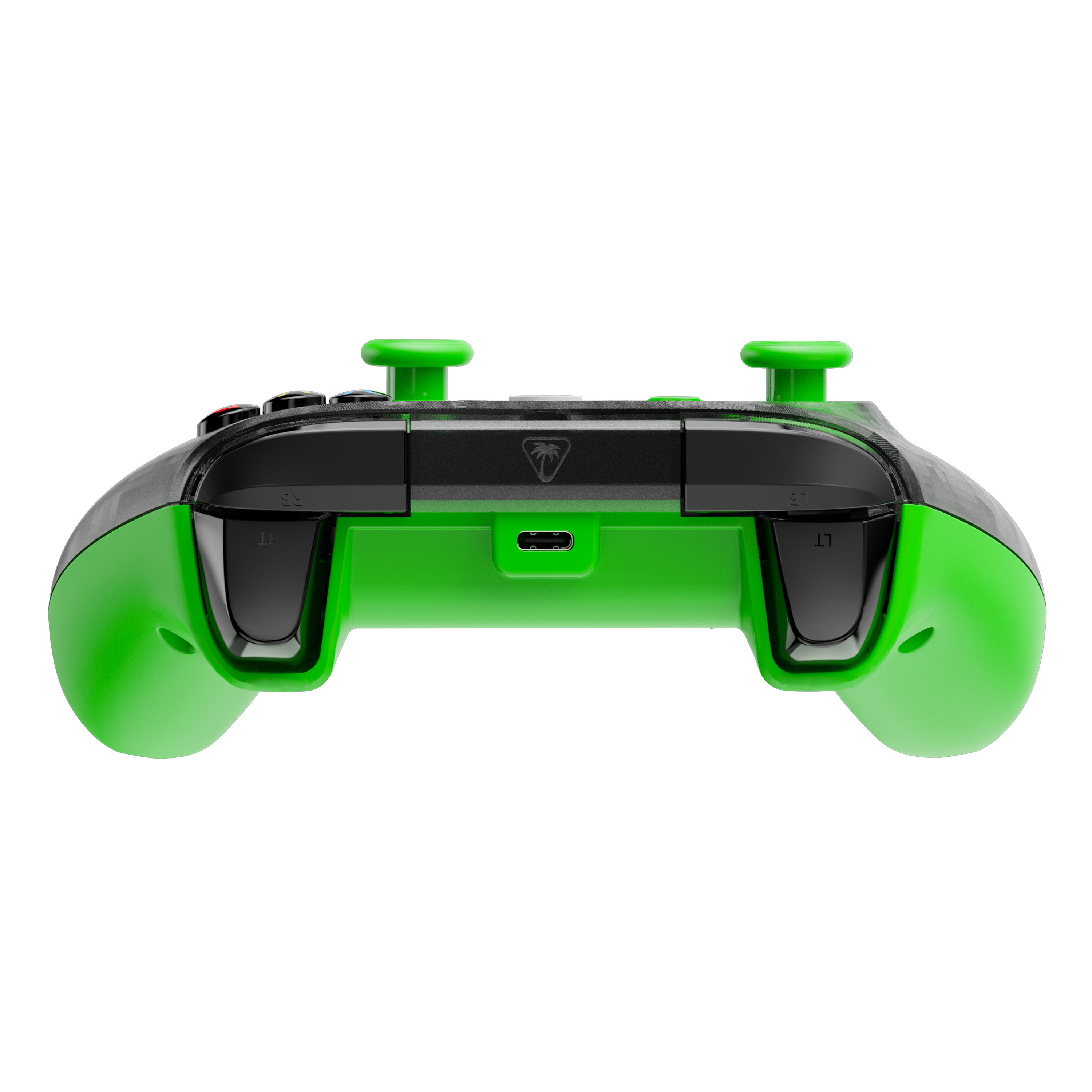 Zielony i czarny kontroler do gier, widok z tyłu, przyciski i joysticki, czarne tło.