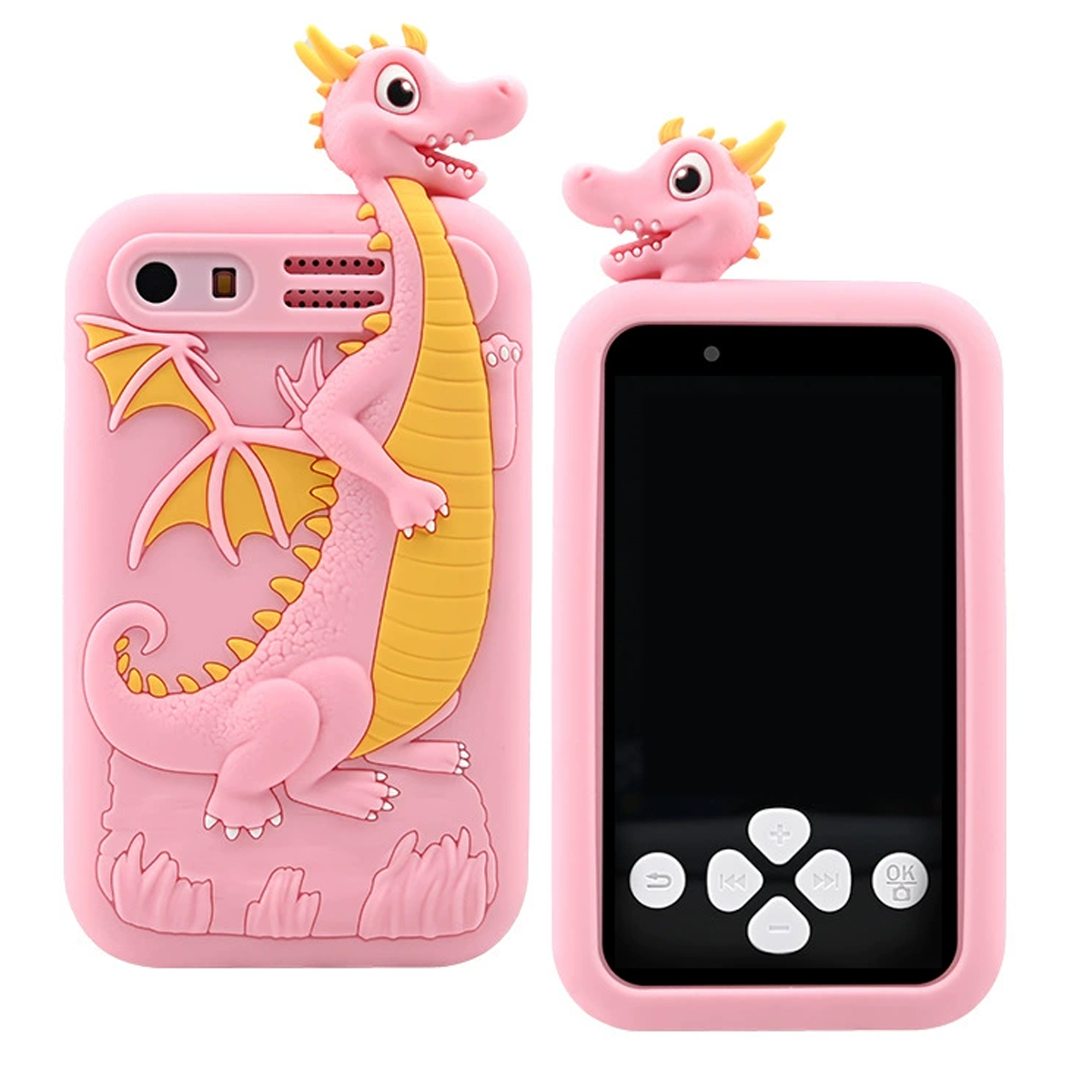 Custodia rosa per telefono per bambini con design a drago. Due custodie, una con schermo.