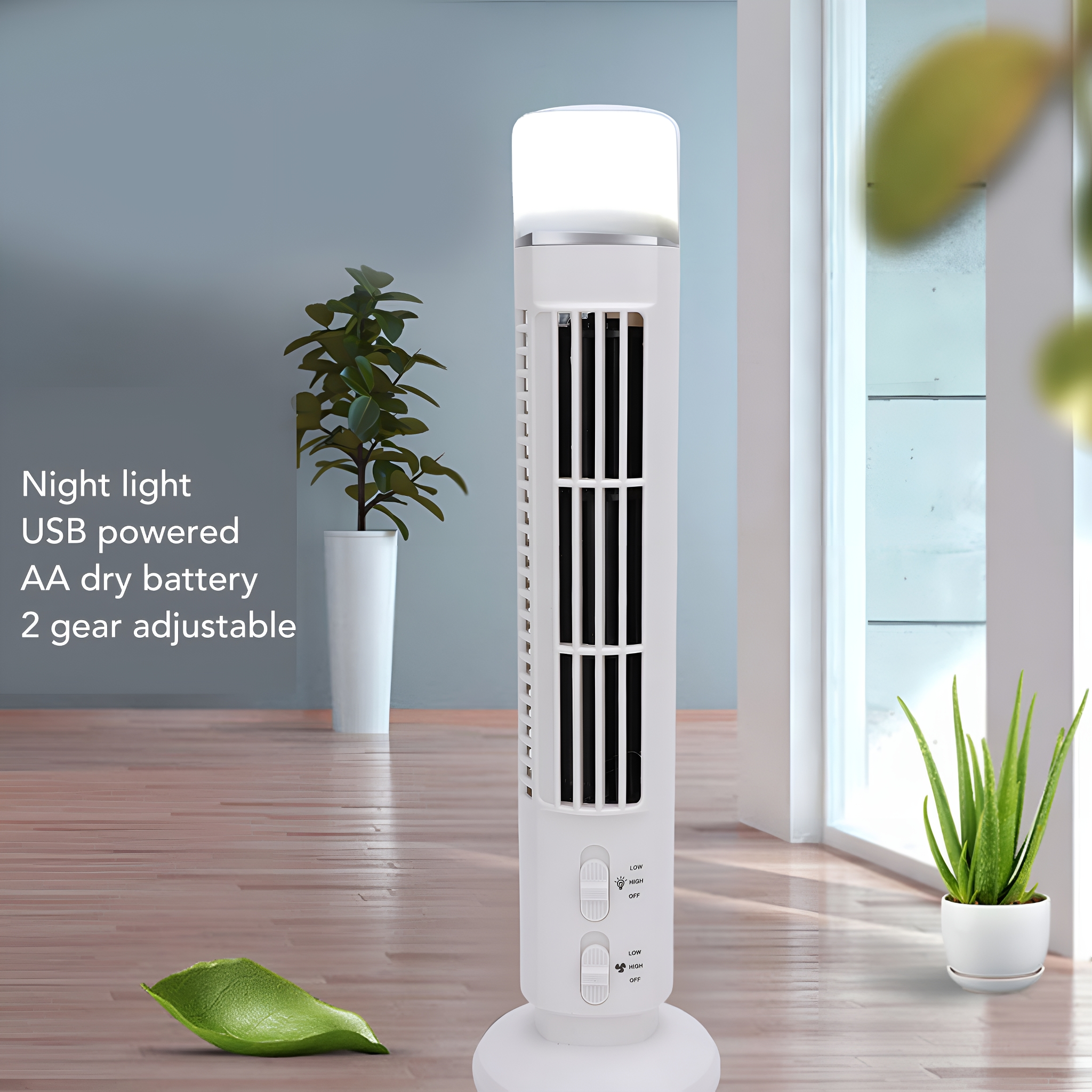 Ein weißer Turmventilator mit Licht, zwei Knöpfen und einer Pflanze im Hintergrund.