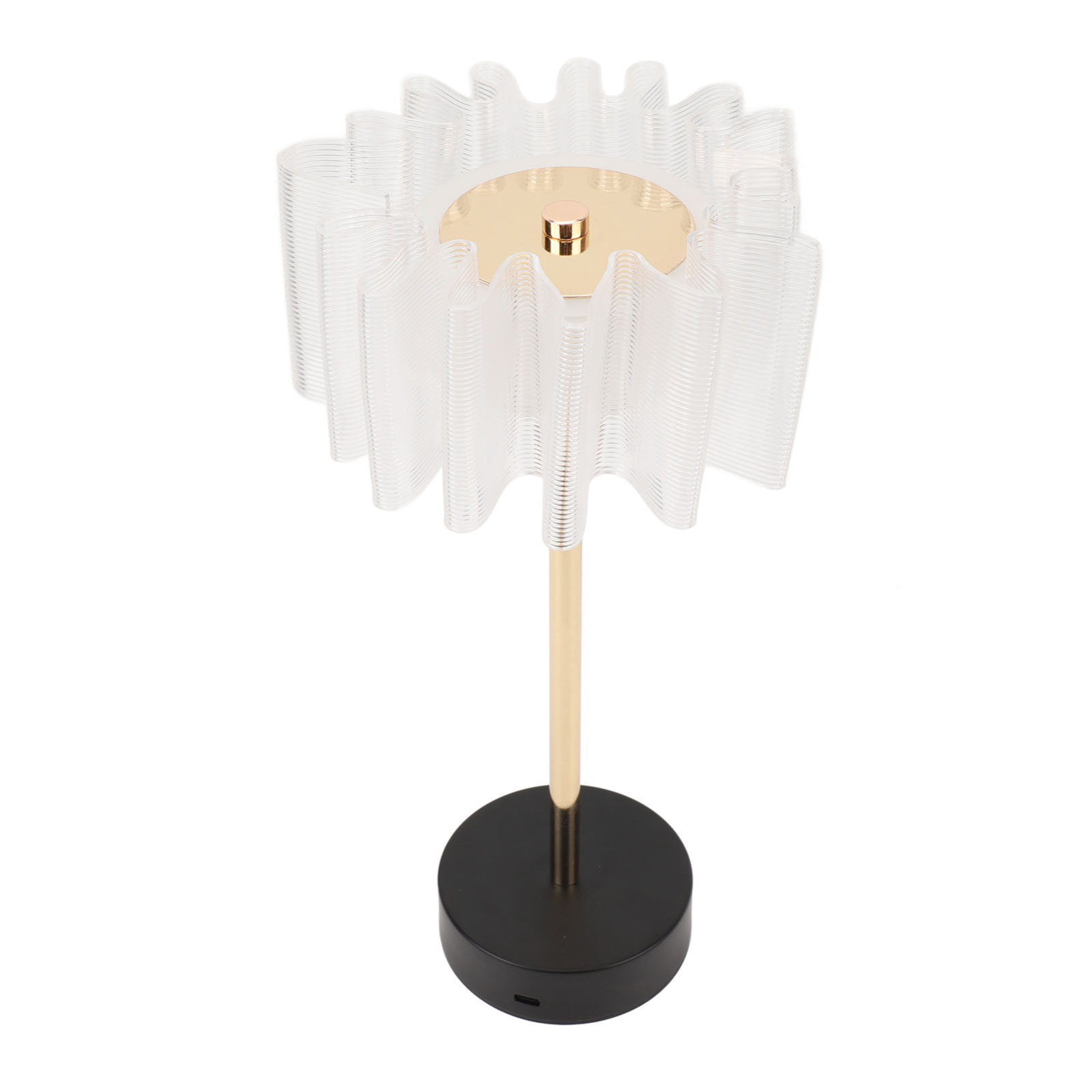 Moderne Tischlampe mit gerüschtem, transparentem Schirm und Gold- und Schwarzakzenten.