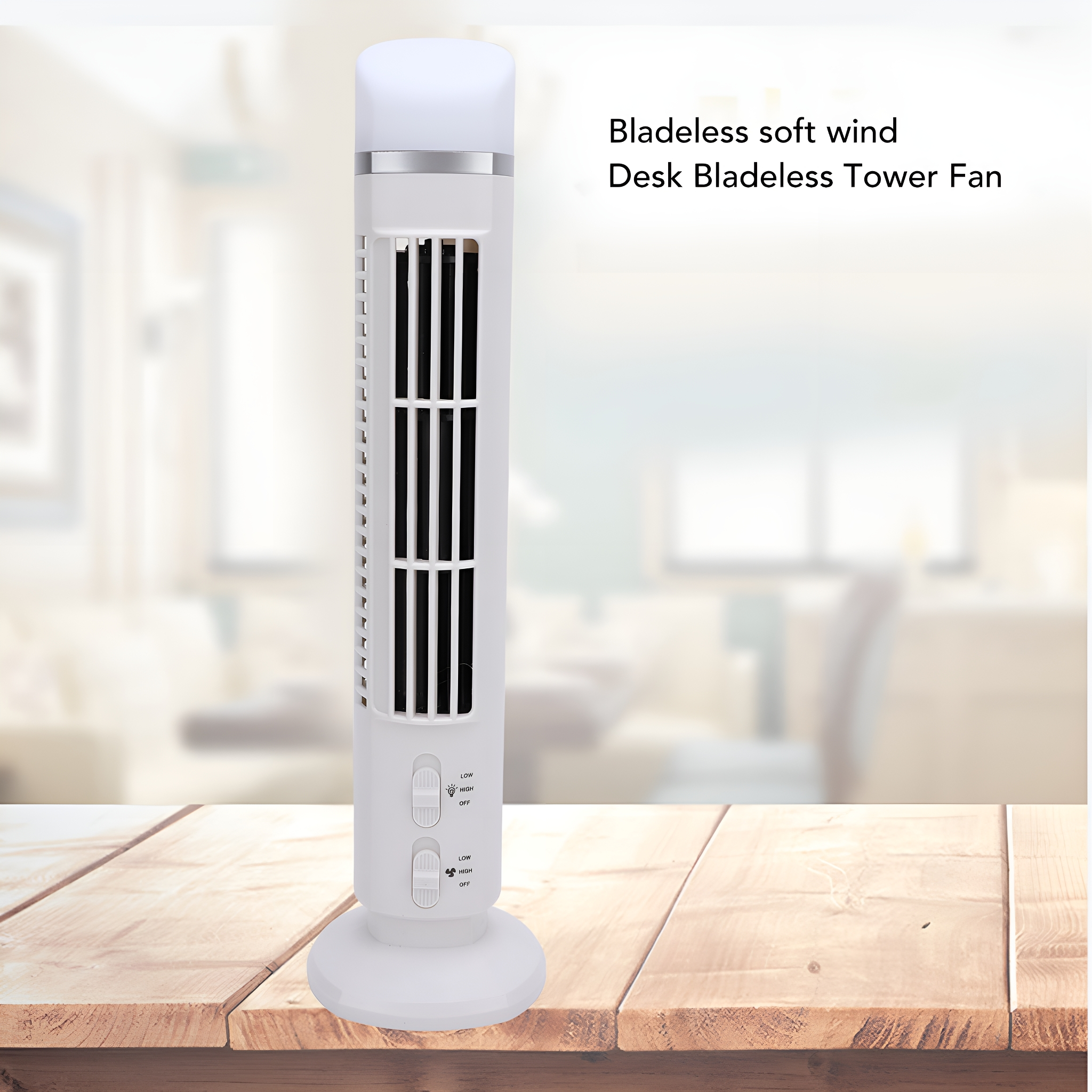 Weißer Turmventilator auf Holztisch, Text: Bladeless soft wind.