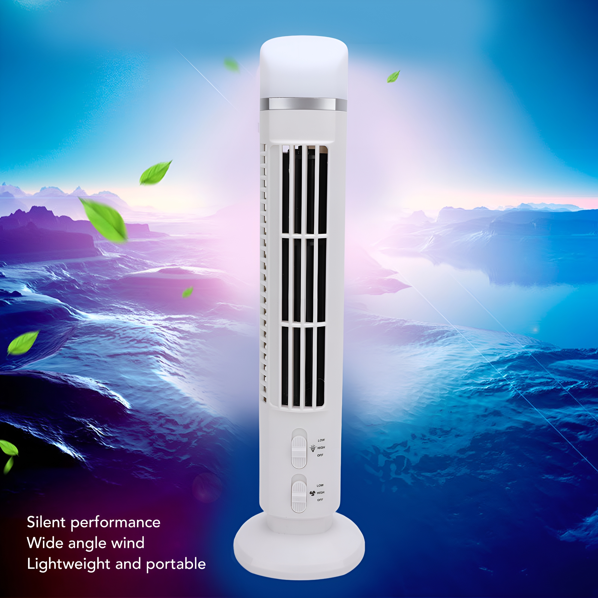 Weißer Turmventilator mit grünen Blättern, die um ihn herum schweben. Text auf dem Ventilator: Leise Leistung.