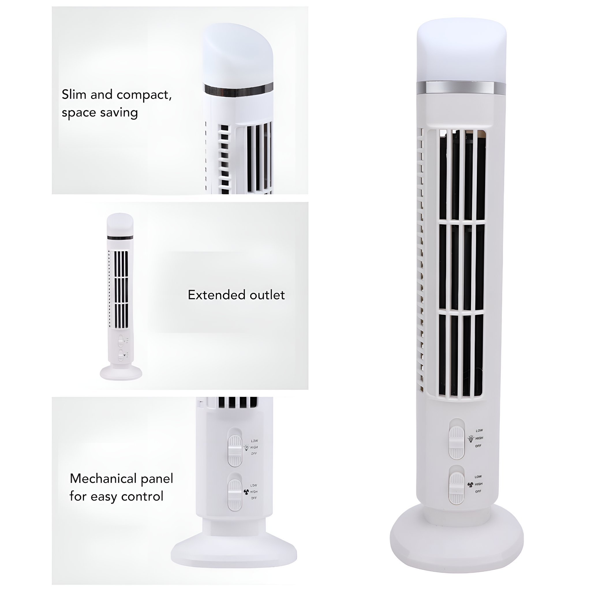 Weißer und schwarzer Turmventilator mit drei Abschnitten und weißem Sockel, weißer Hintergrund.