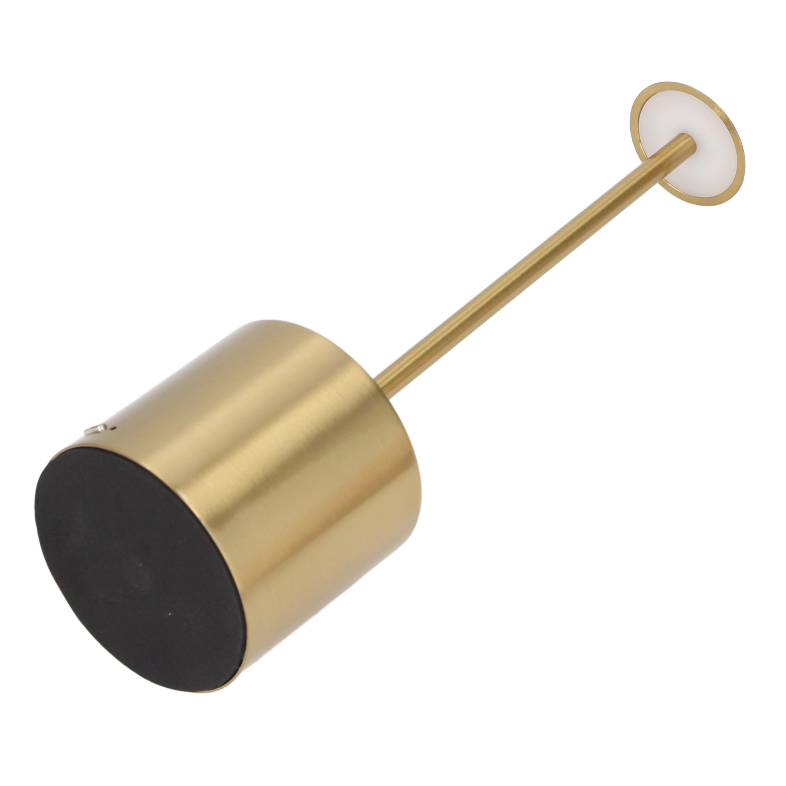 Goldfarbene Lampe mit kreisförmiger Oberseite. Der Sockel ist schwarz und zylindrisch.