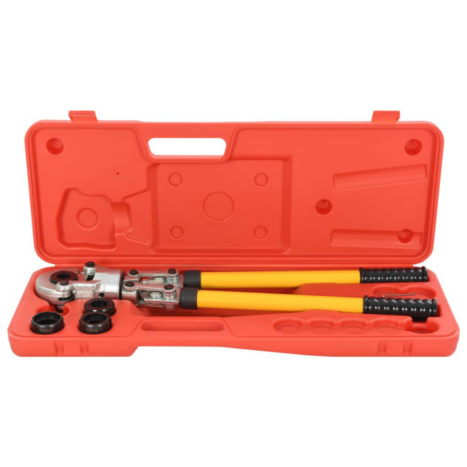 Offener roter Werkzeugkasten mit einem hydraulischen Crimpwerkzeug. Verschiedene Crimpmatrizen befinden sich darin.
