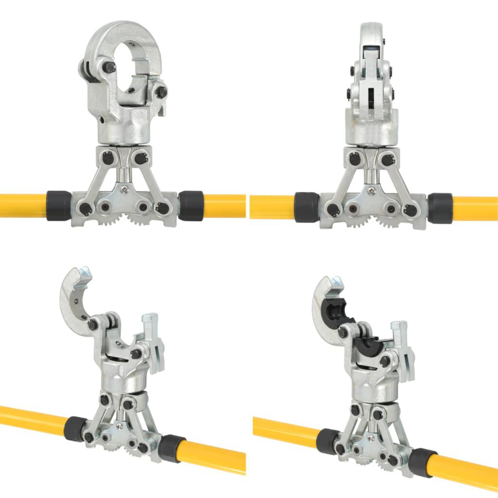 Ein hydraulisches Werkzeug. Es hat zwei gelbe Griffe und silberne Metallteile. Weißer Hintergrund.
