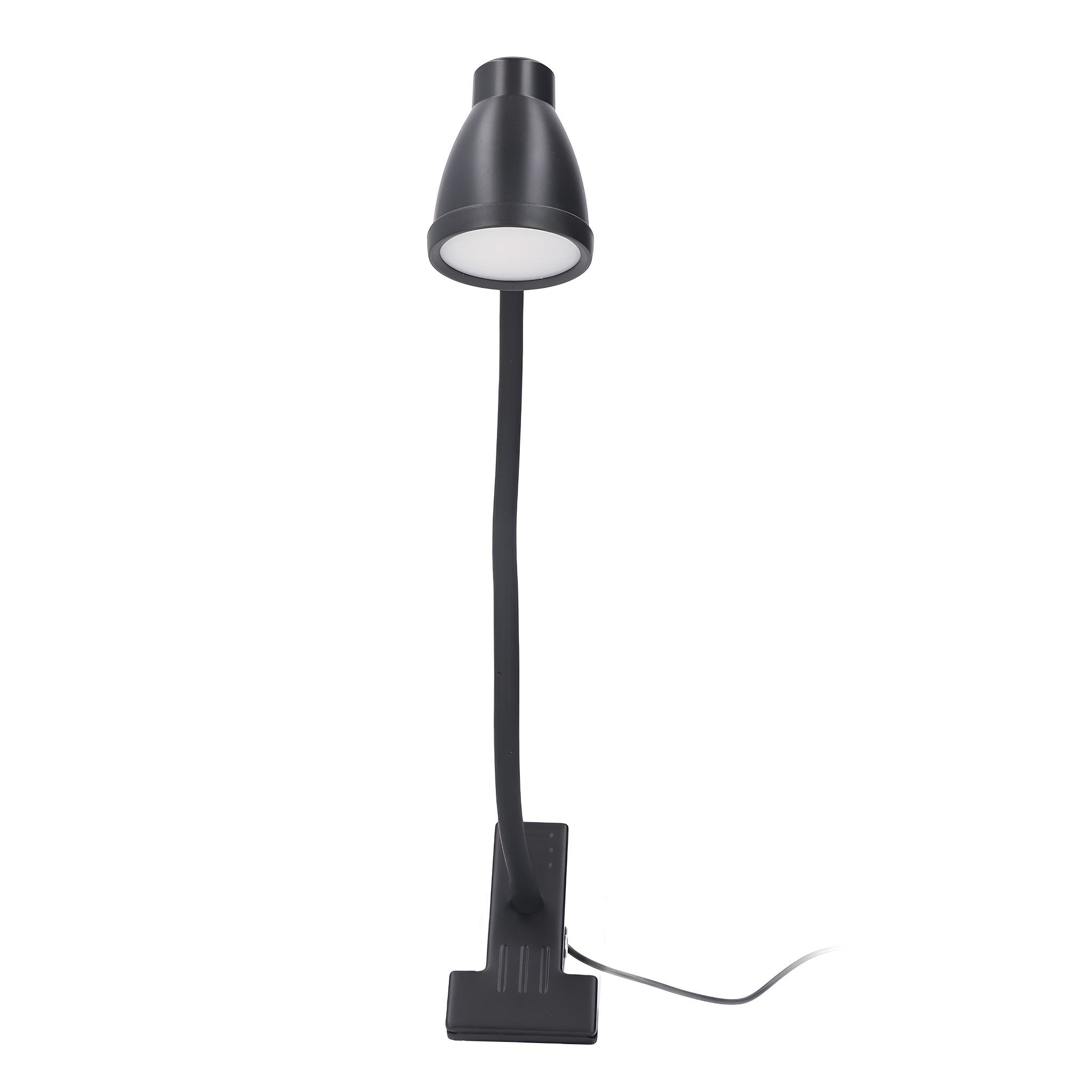 Eine schwarze Schreibtischlampe mit flexiblem Hals, Clip-Basis und weißem LED-Licht.