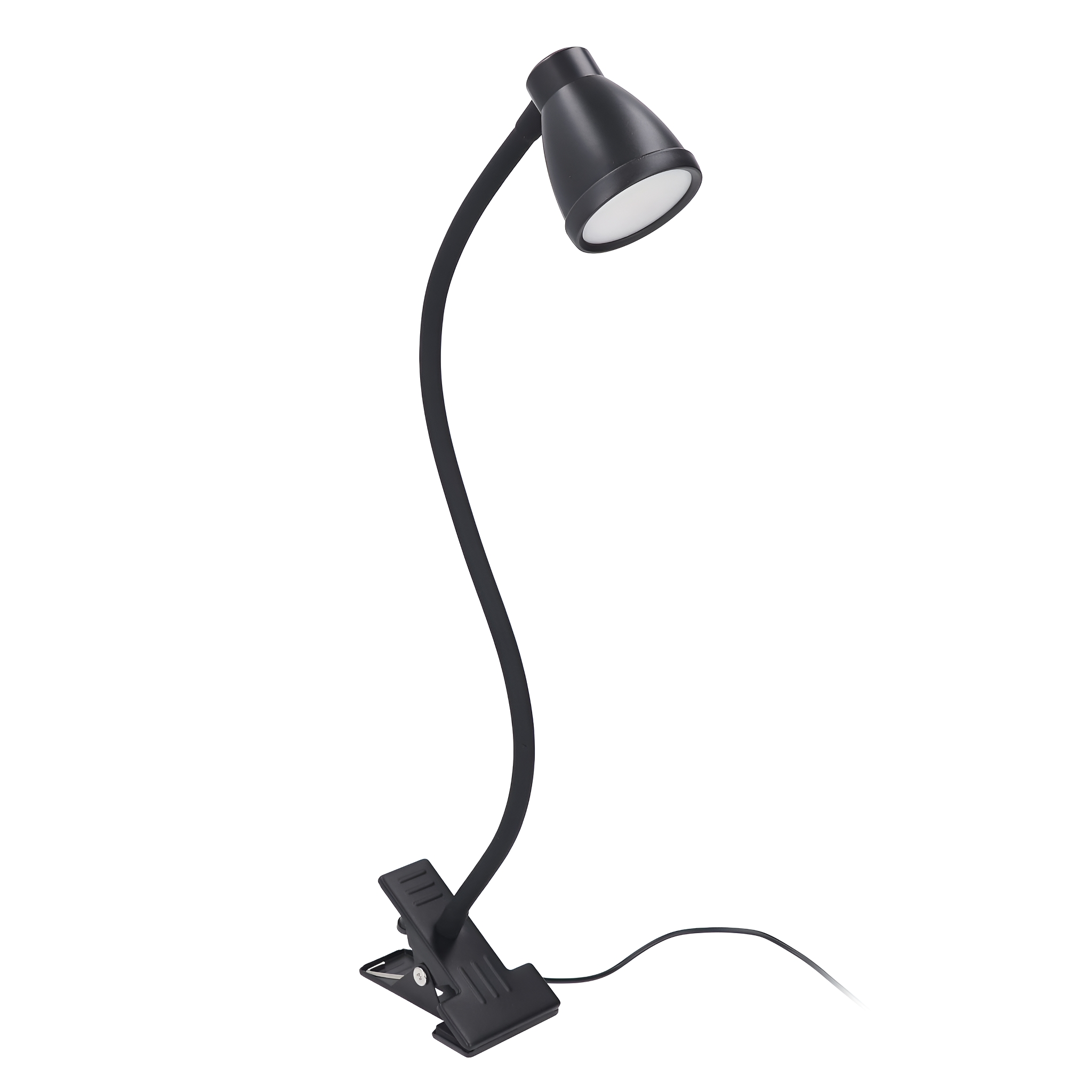 Schwarze Schreibtischlampe mit flexiblem Hals und Clipfuß.