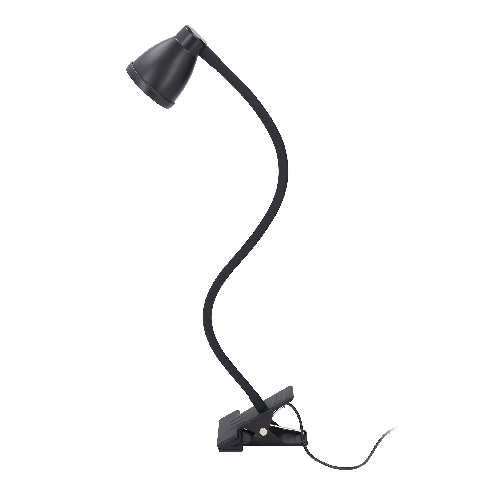 Schwarze Schreibtischlampe mit gebogenem Arm, vor weißem Hintergrund.