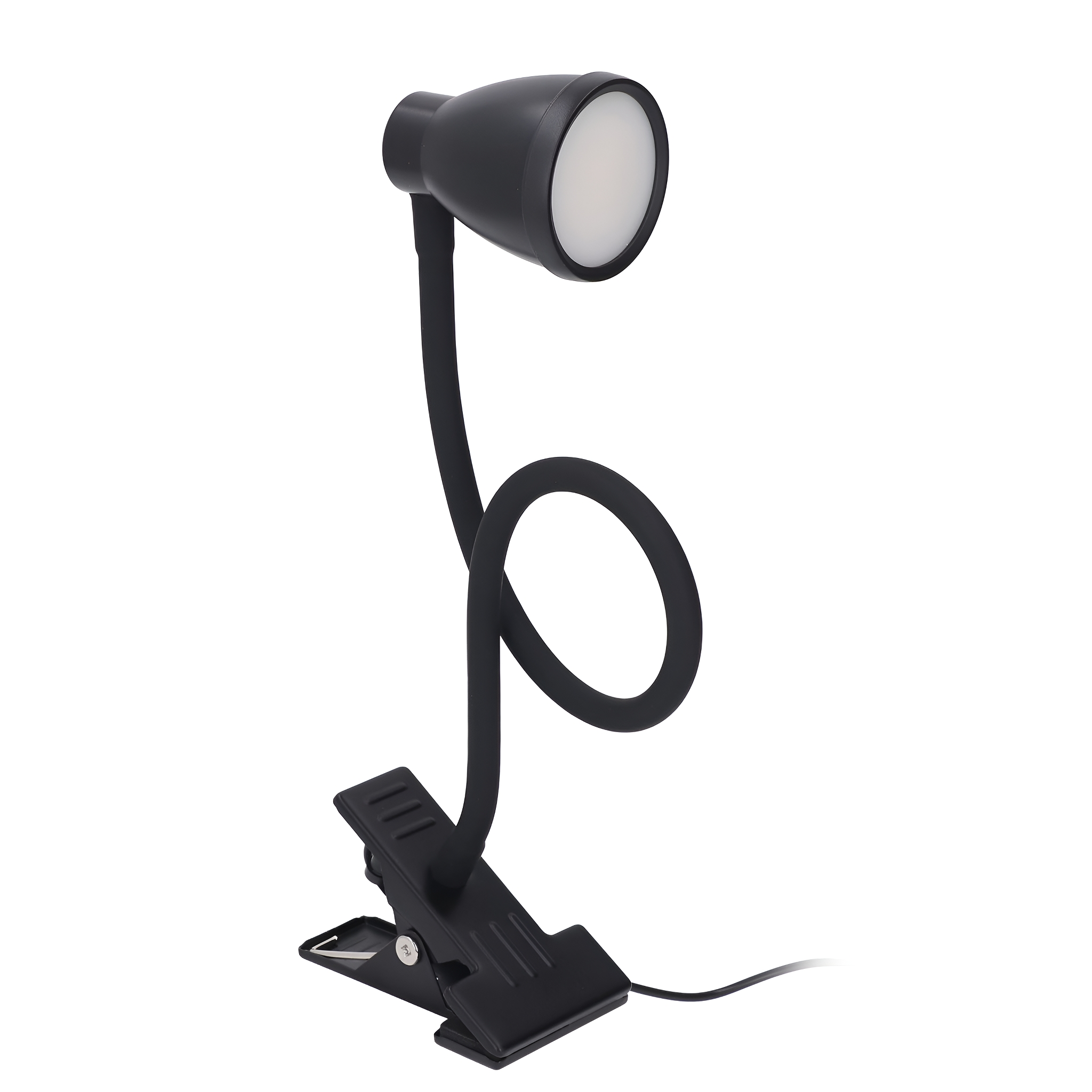 Eine schwarze Klemmlampe mit flexiblem Hals. Die Lampe hat eine weiße Glühbirne.