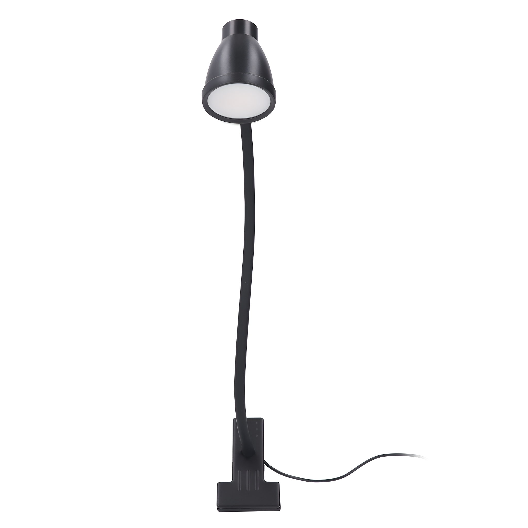 Eine schwarze Schreibtischlampe mit flexiblem Hals, mit weißem Licht leuchtend.