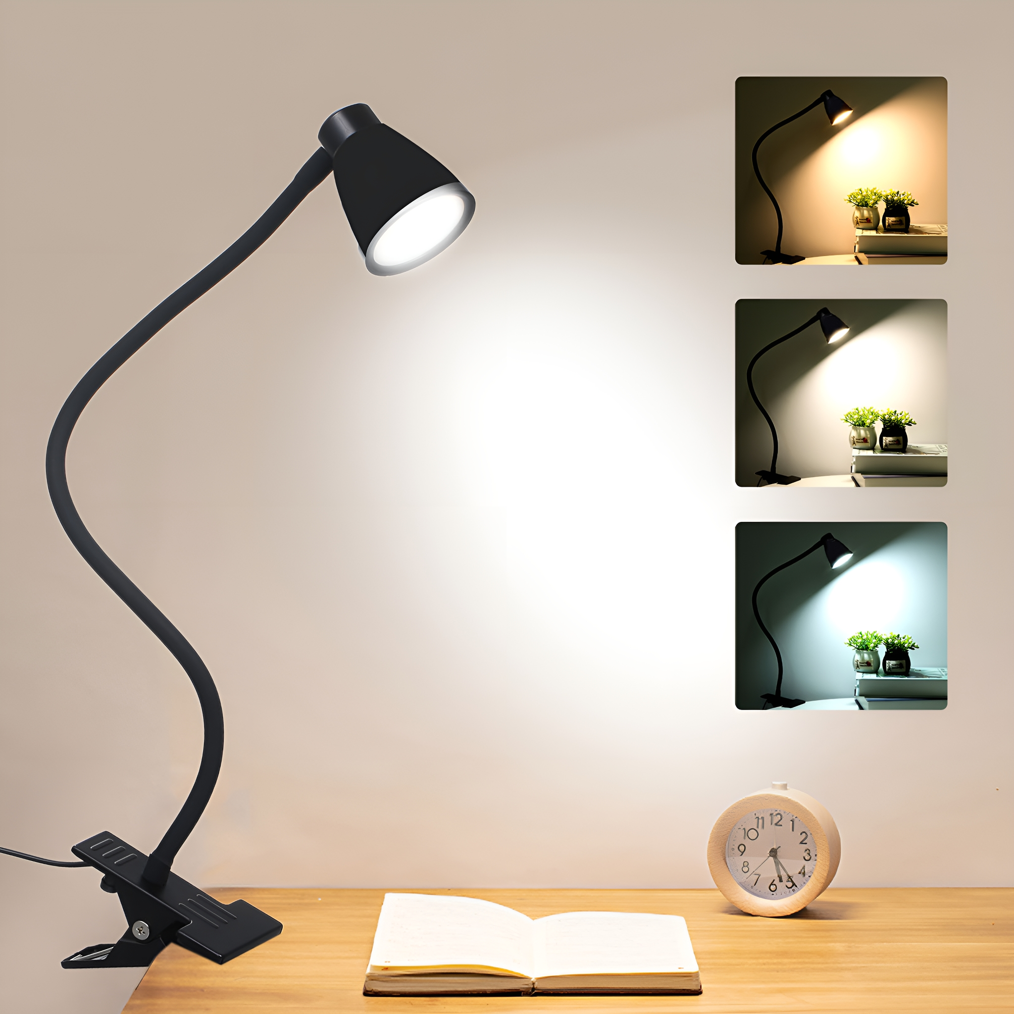 Eine schwarze Schreibtischlampe mit drei verschiedenen Lichteinstellungen.