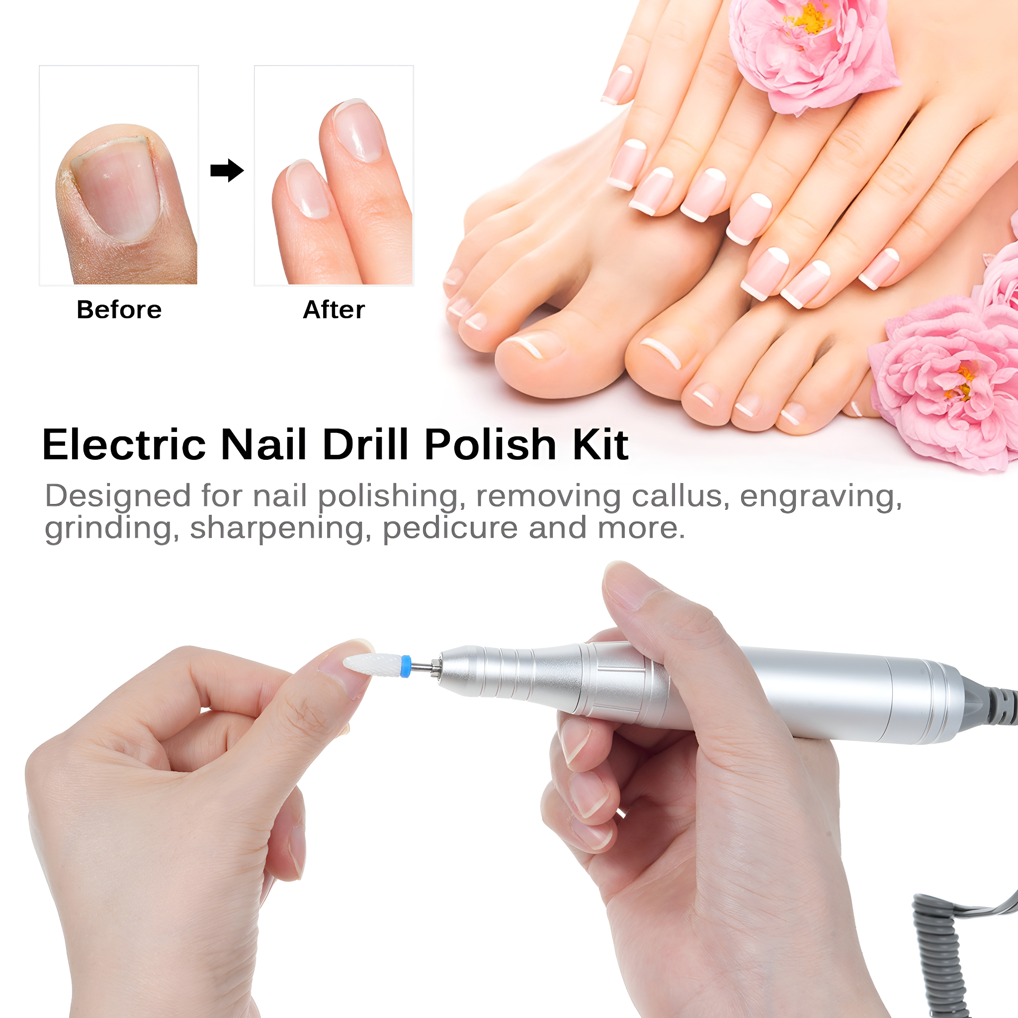 Hände einer Frau, die einen elektrischen Nagelbohrer verwenden. Vorher-Nachher-Nagelbild.