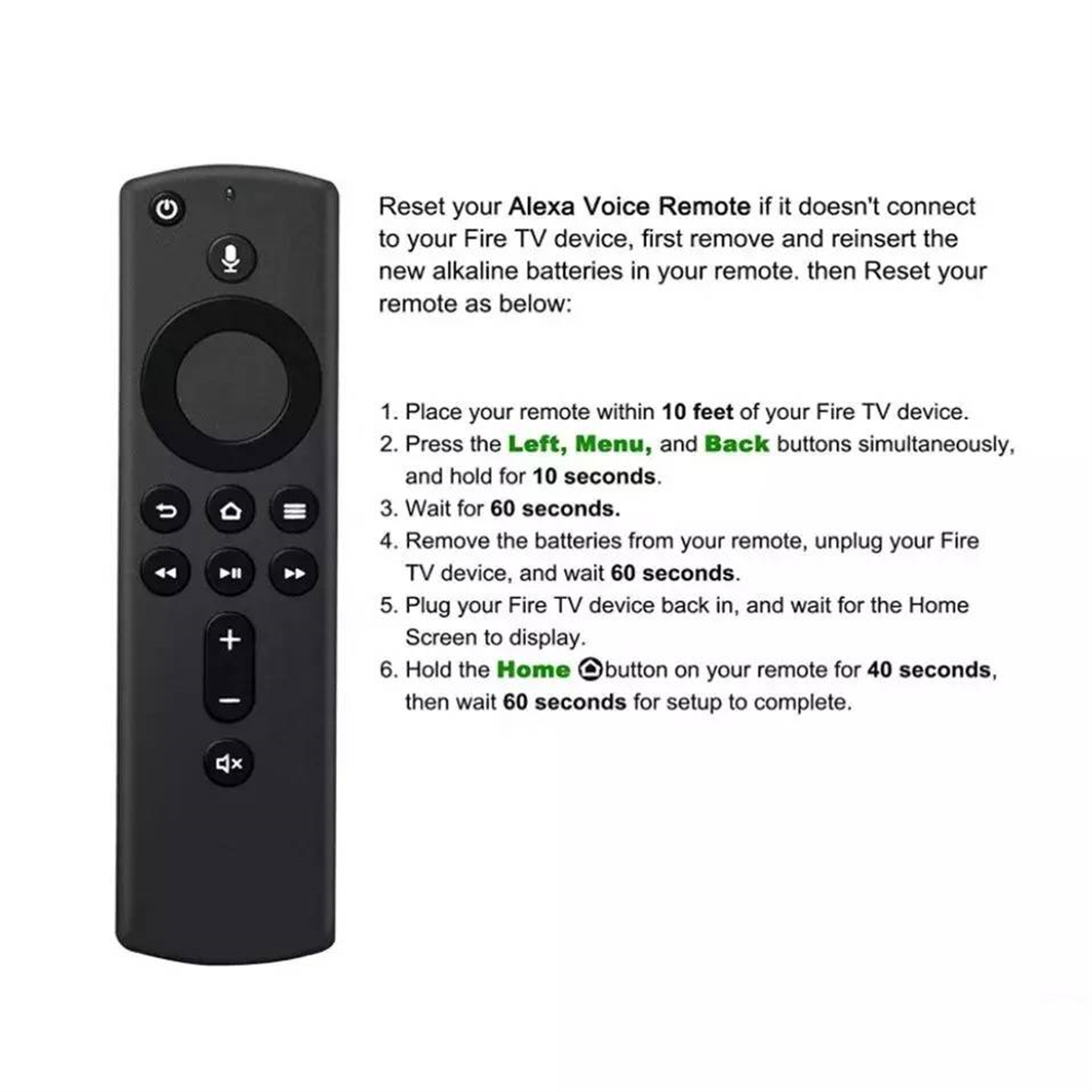 Schwarze Alexa-Sprachfernbedienung mit Anweisungen zum Zurücksetzen.