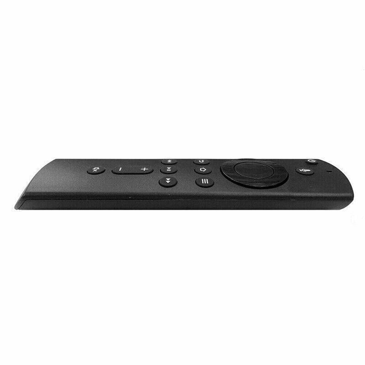 Schwarze TV-Fernbedienung mit mehreren Tasten, Seitenansicht. Die Tasten sind kreisförmig und rechteckig.