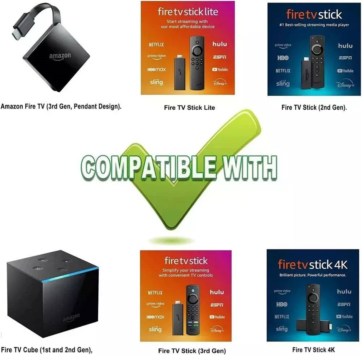 Bilder von Fire TV-Geräten: TV, Lite, 2. Gen, Cube, 3. Gen und 4K, mit grünem Haken.
