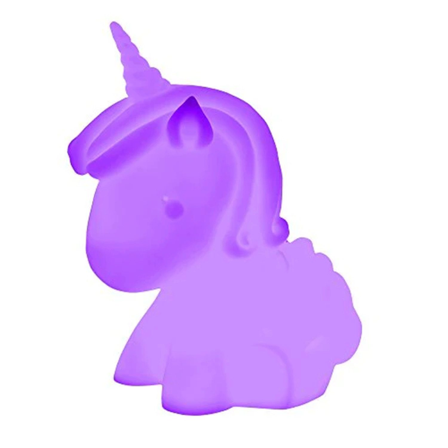 Lila Einhornlampe, beleuchtet. Weißer Hintergrund.