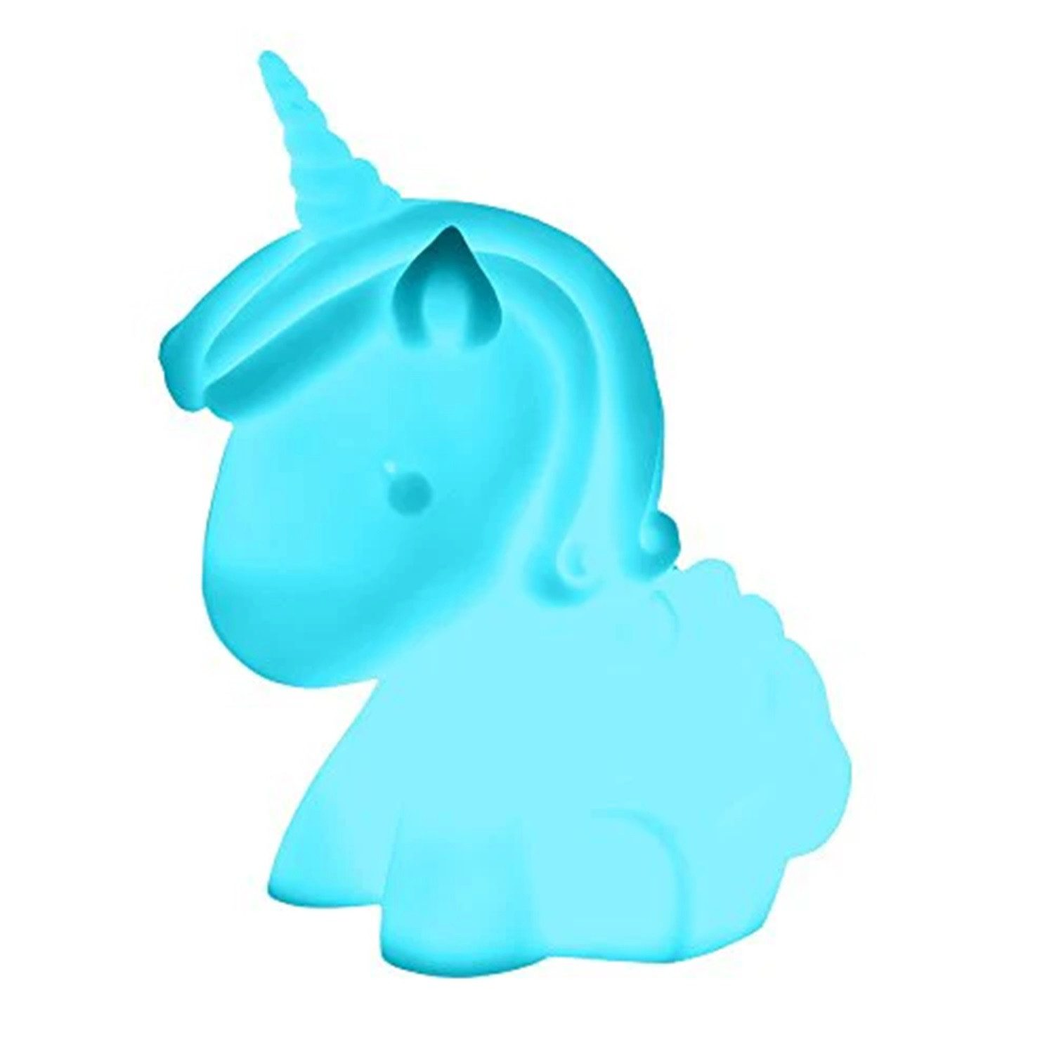 Blaues Einhorn-Nachtlicht. Es leuchtet und hat ein Horn und eine Mähne.